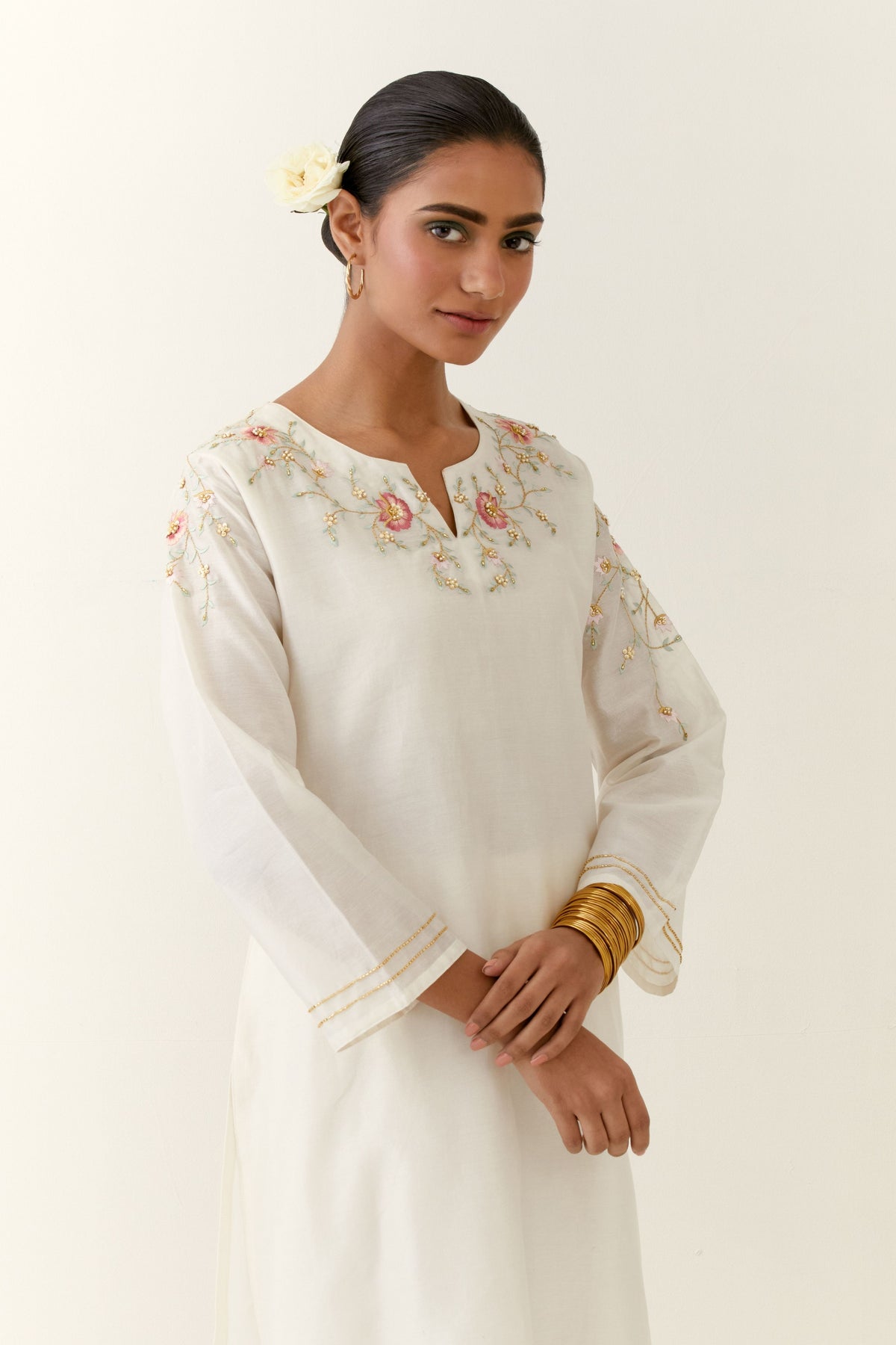 Off White Hand Embroidered Kurta