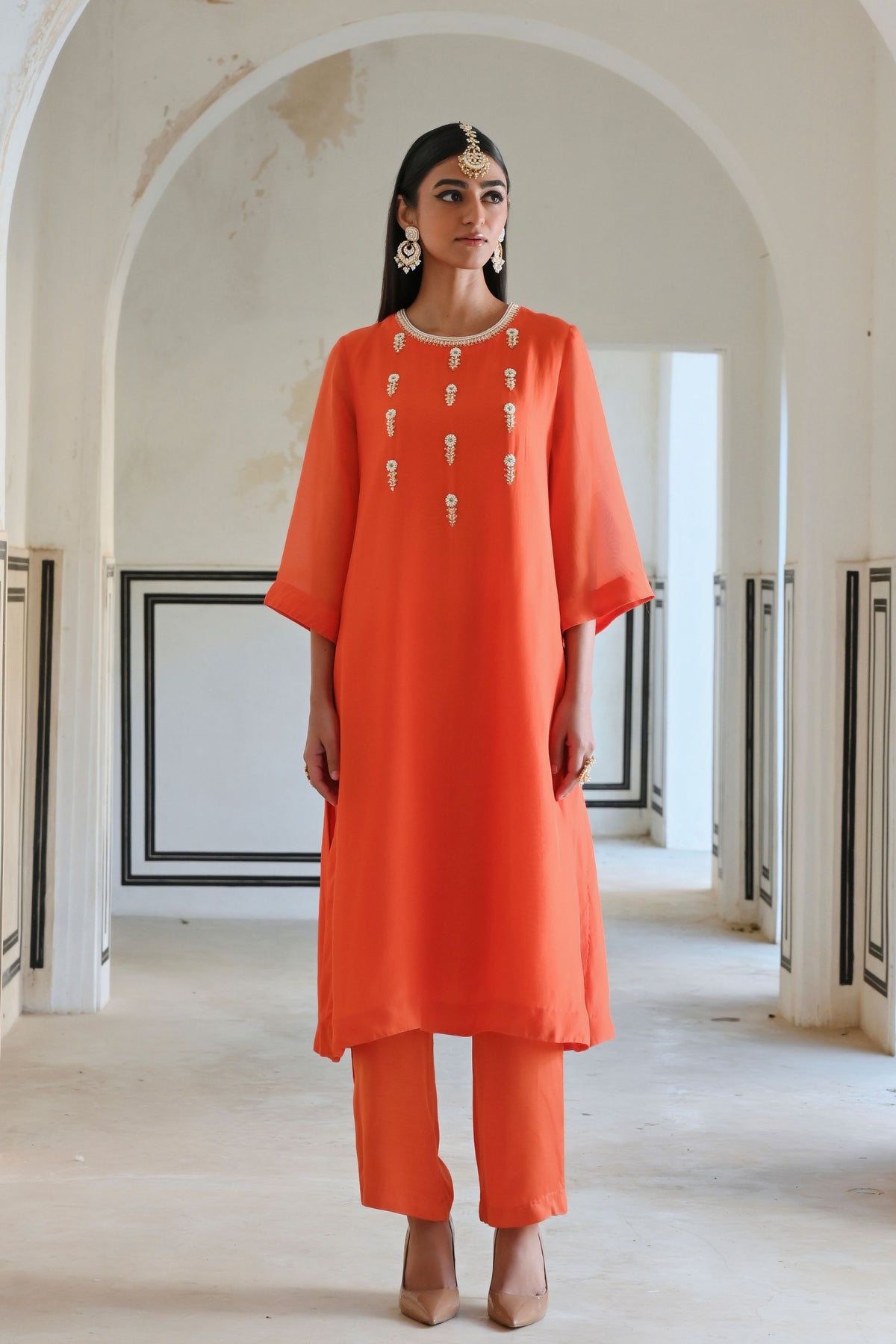 Orange Embroidered Kurta