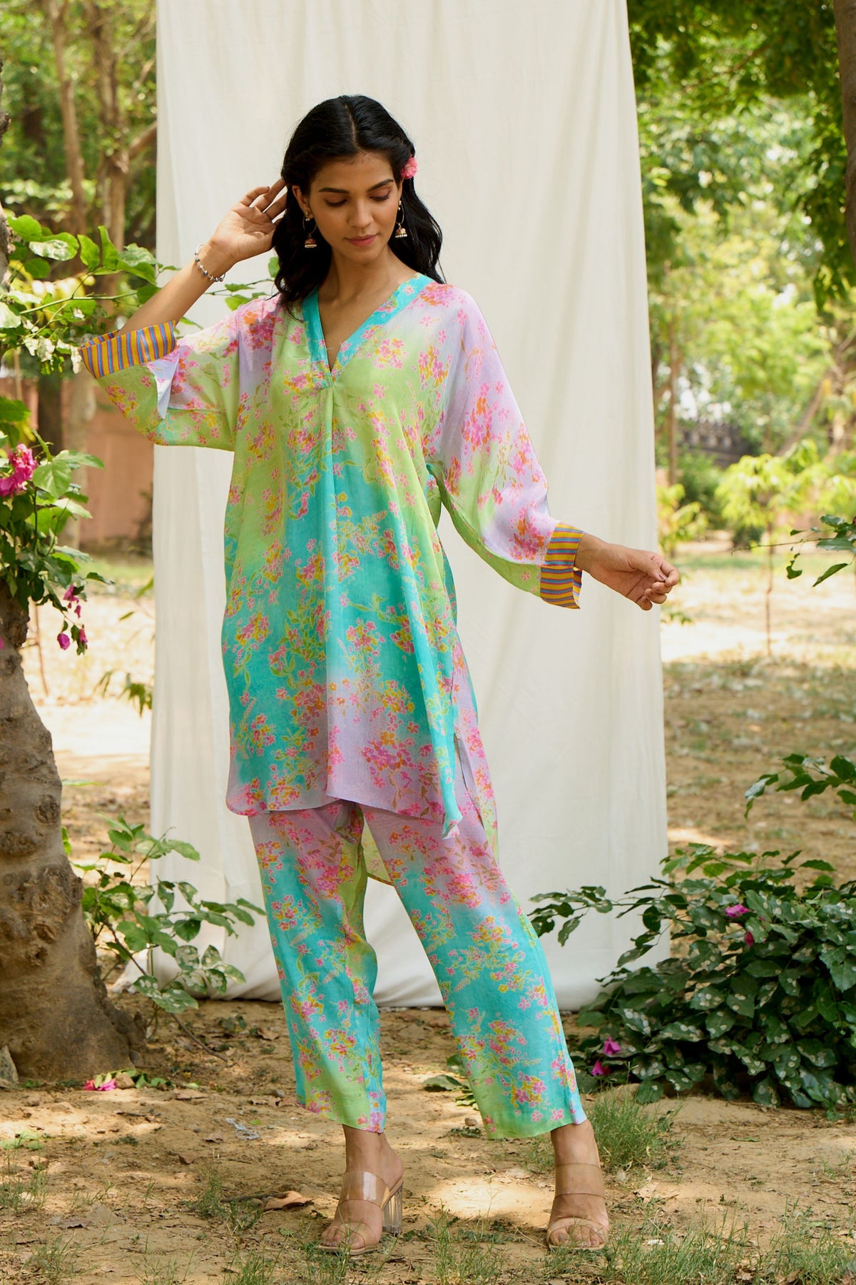 Multicolor Pleated  Kurta With Floral Prints