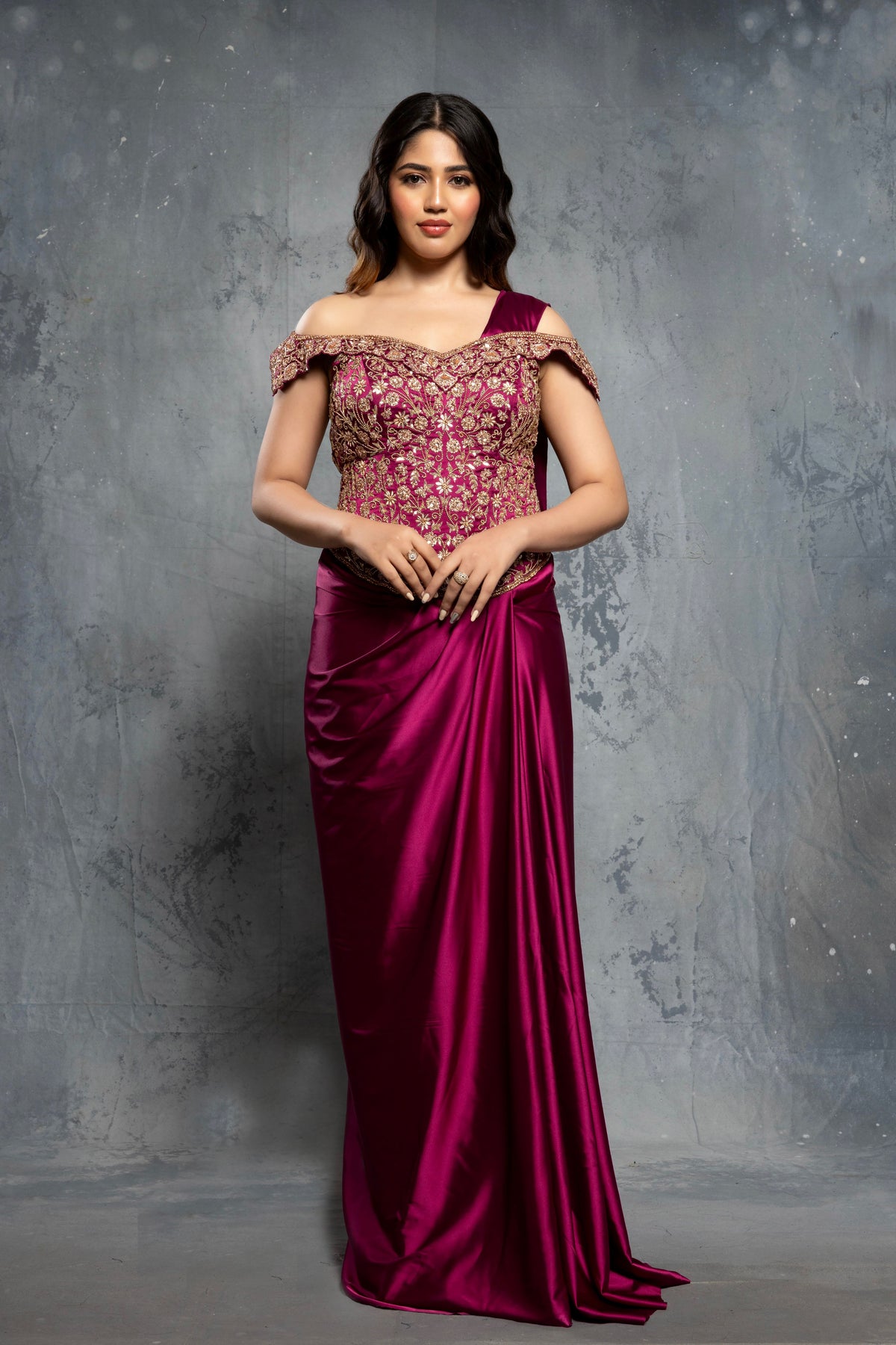 Burgundy Charmuse Saree Gown