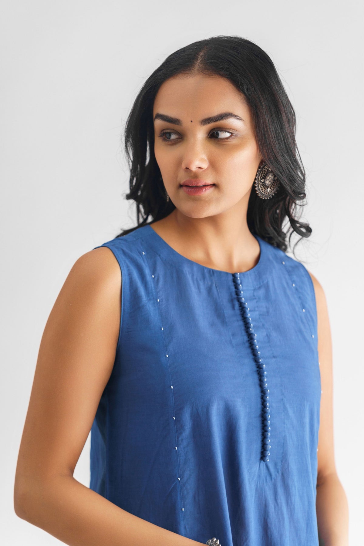 Blue Beaded Cotton Silk Kurta