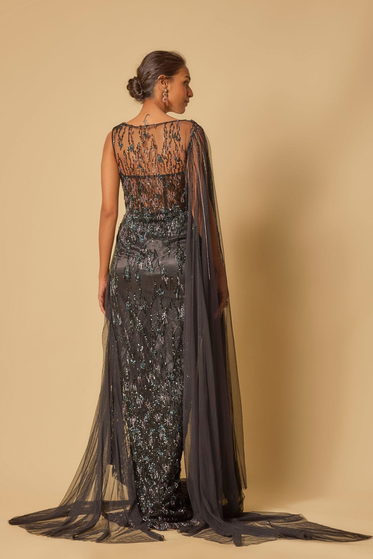 Black Embroidered Drape Gown