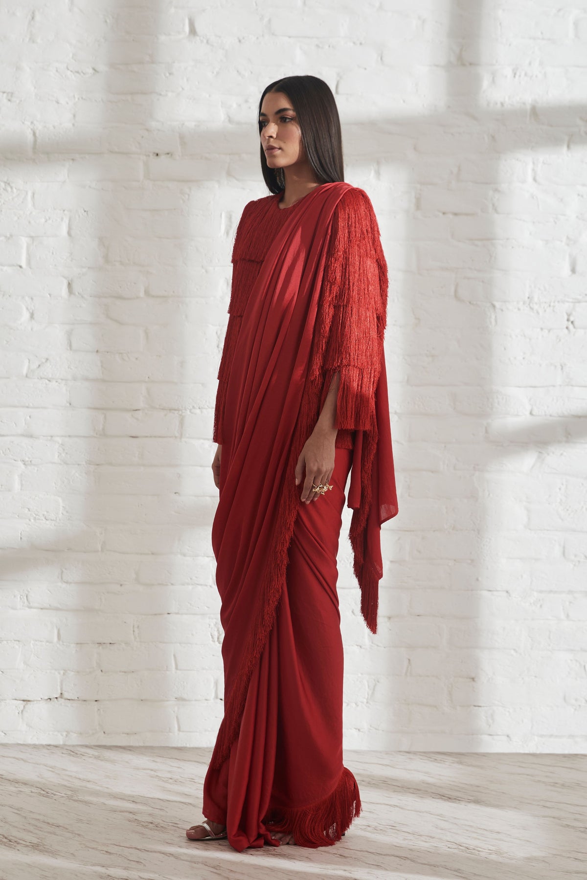 Noor Fringe Red Sari