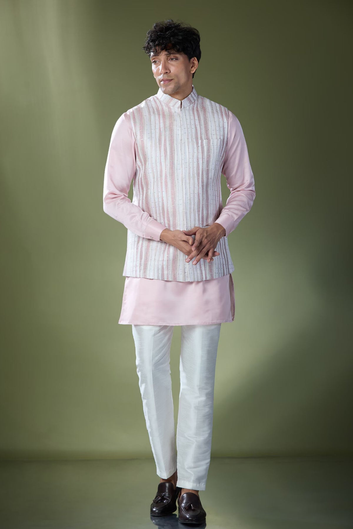 Powder Pink Embroidered Nehru Jacket Set