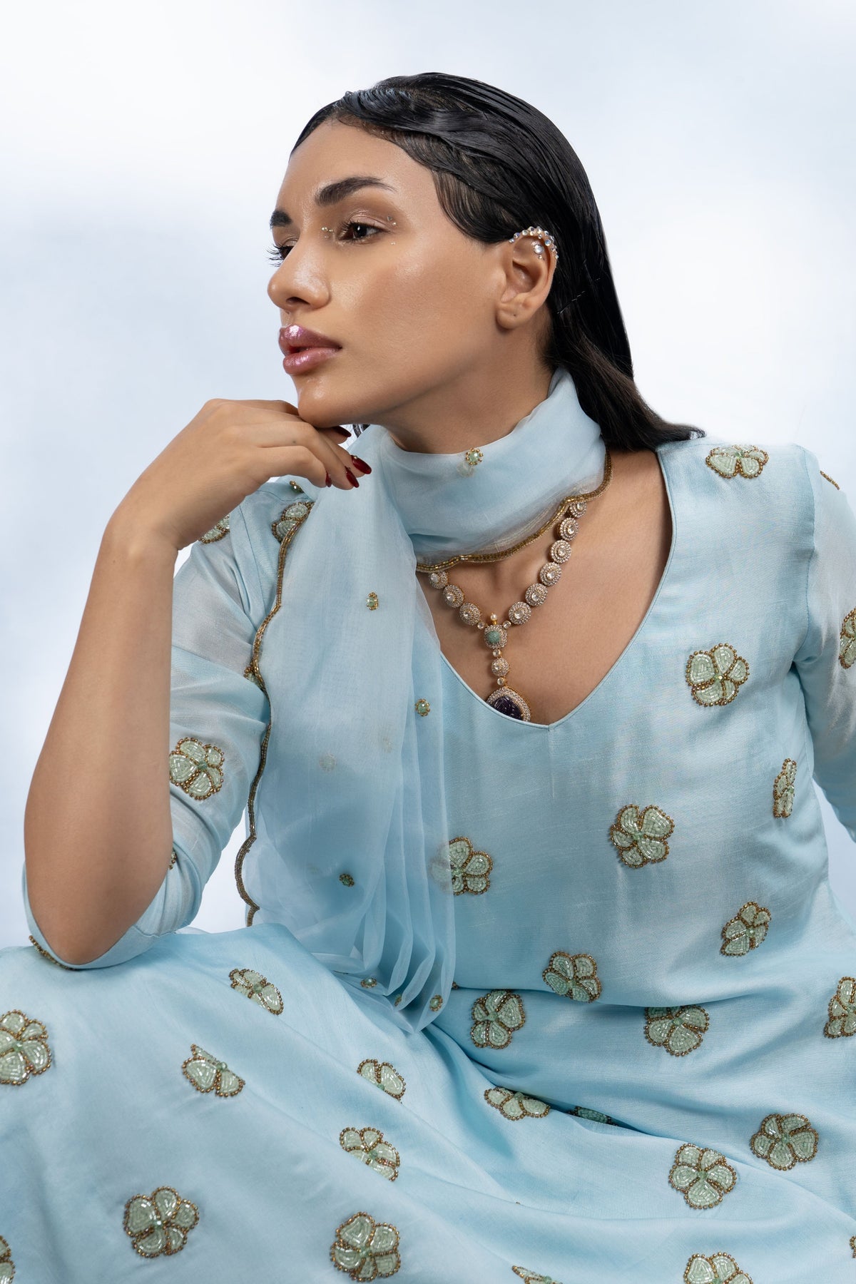 Powder Blue Floral Kurta Set