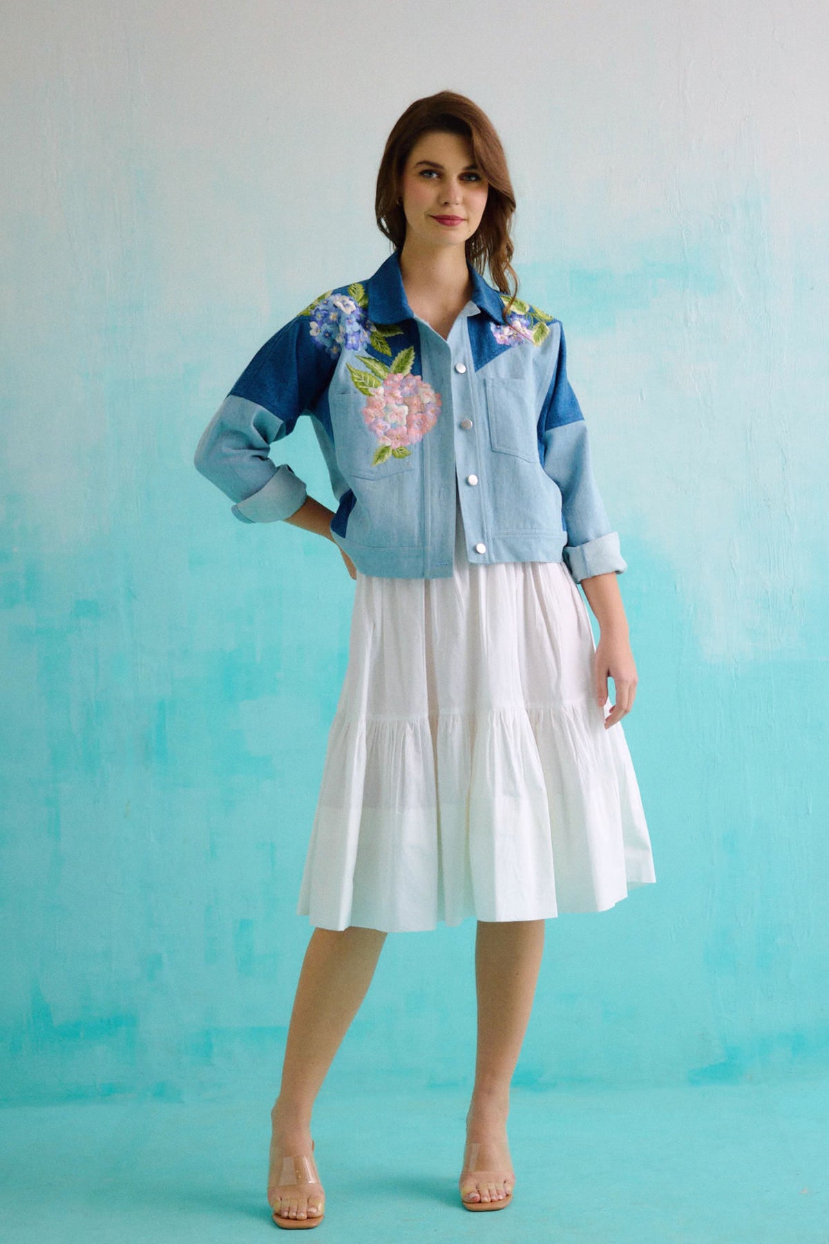 Denim Hydrangea Floral Embroidered Jacket