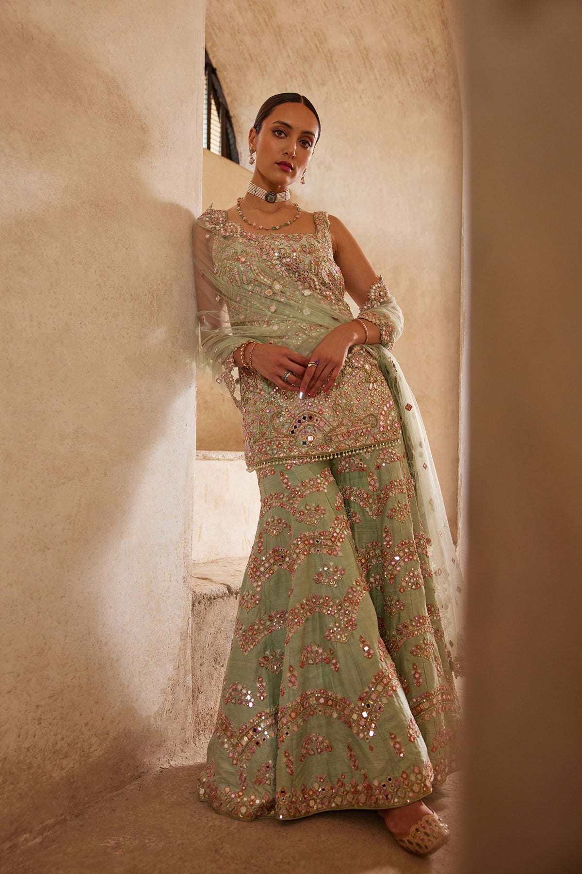 Sea Green Sleeveless Sharara Set