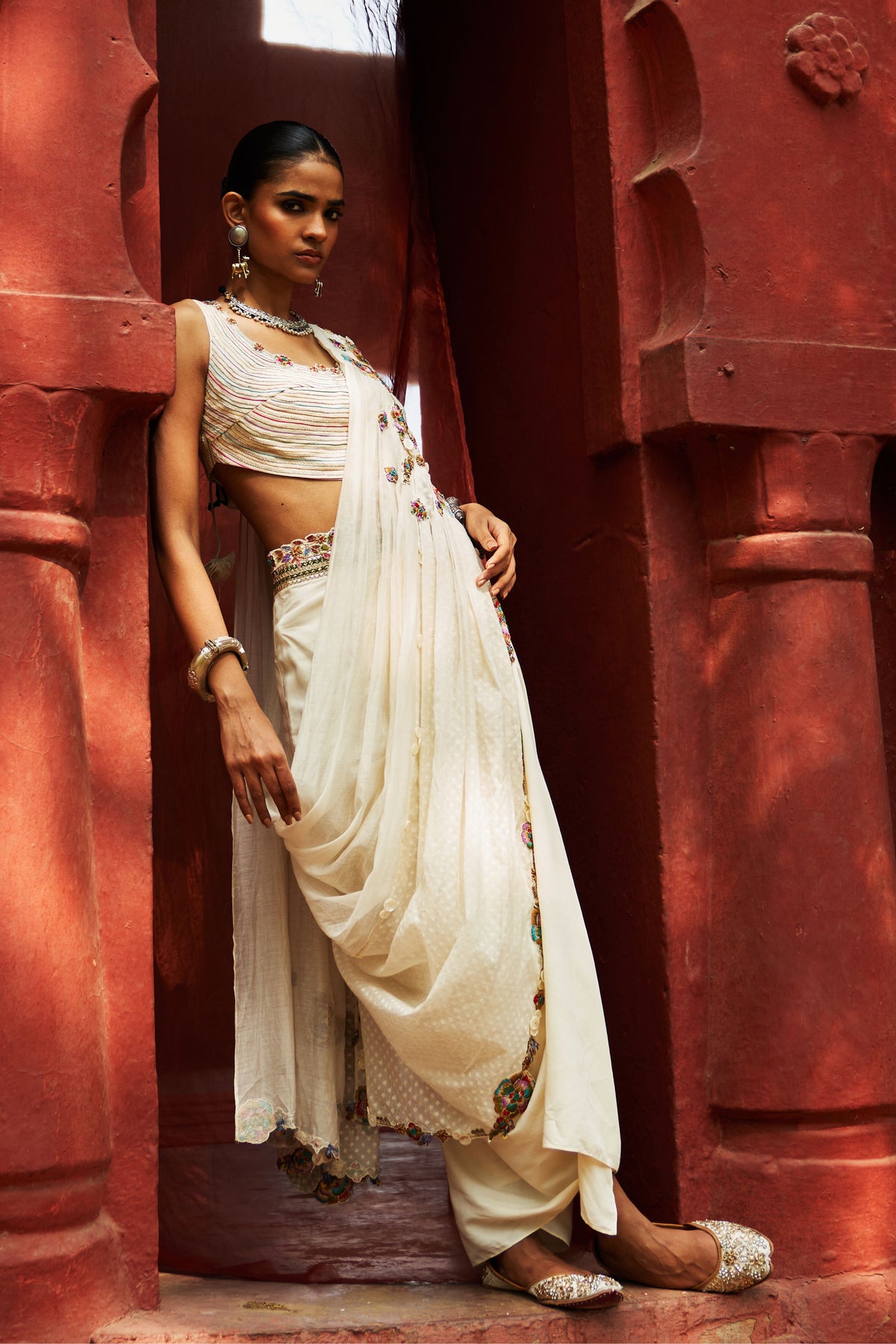 Ivory Embroidered Pre-draped Saree Set