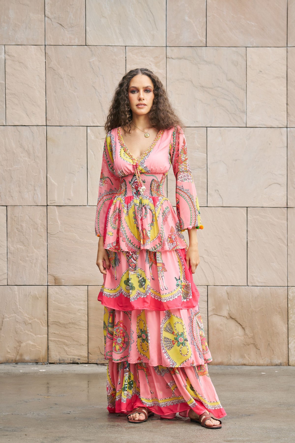 Peach Printed 4 Tier Maxi Dress