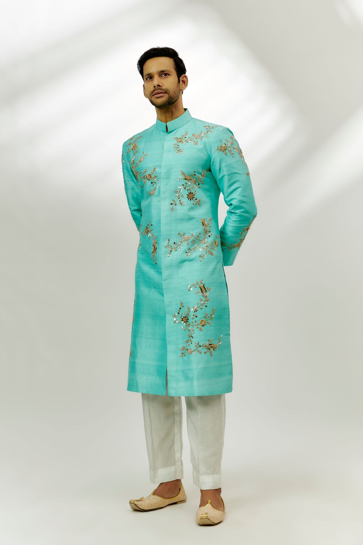 Cyan Blue Raw Silk Embroidered Sherwani Set