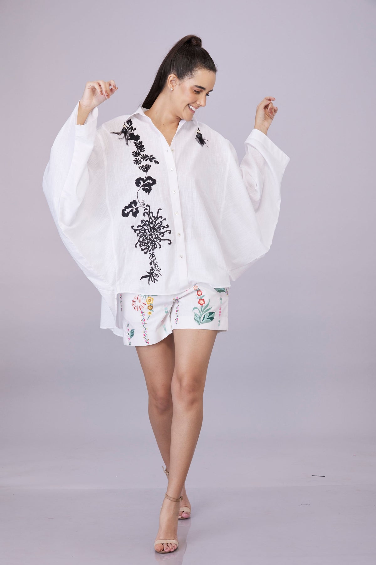 White Batwing Embroidery Shirt