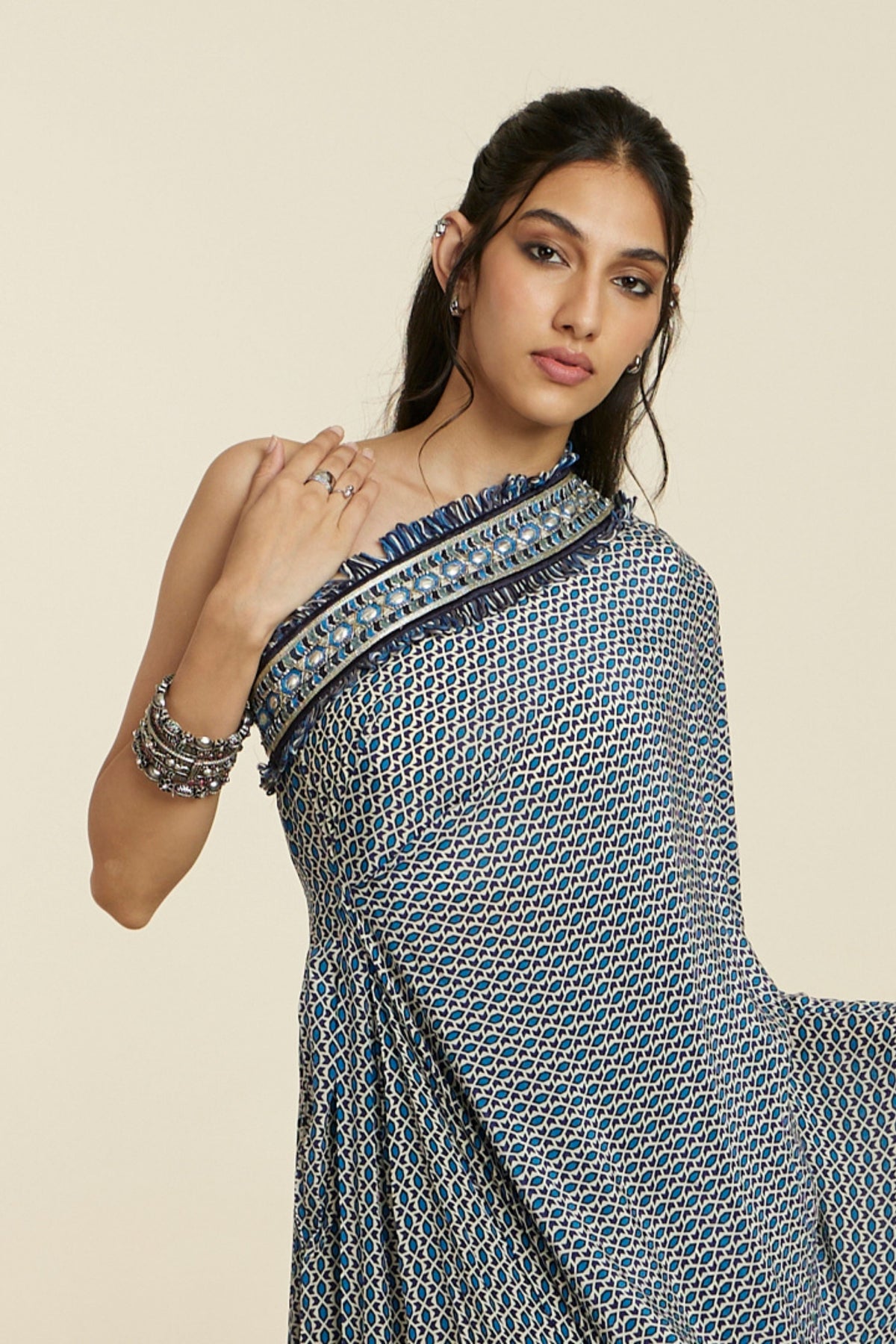 Blue Geo One Shoulder Kaftan Set