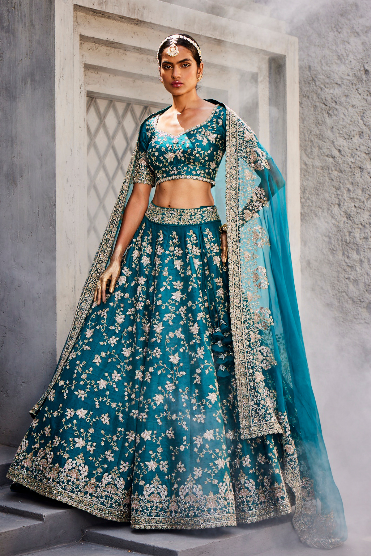 Teal Blue Creepers Heavy Lehenga