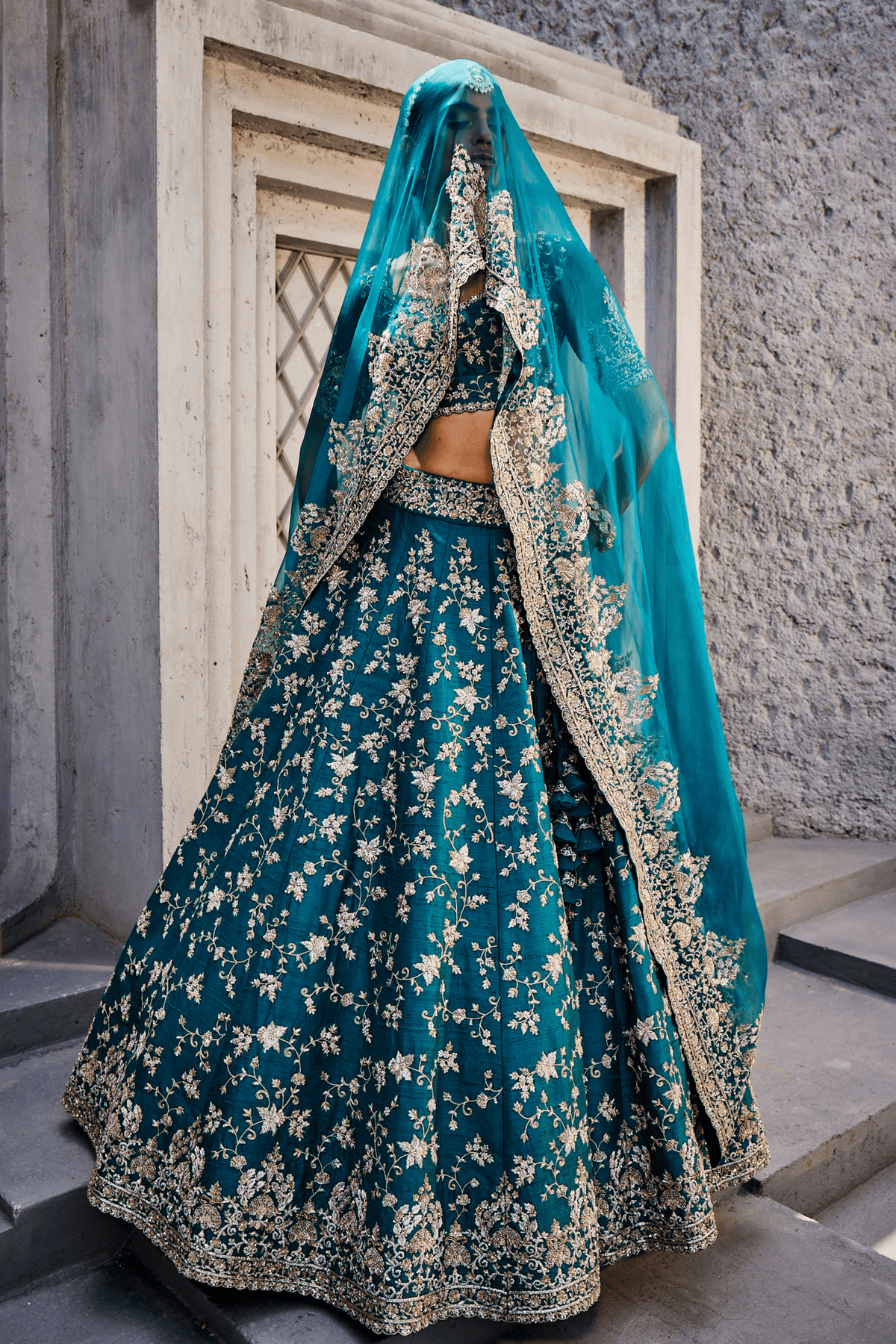 Teal Blue Creepers Heavy Lehenga