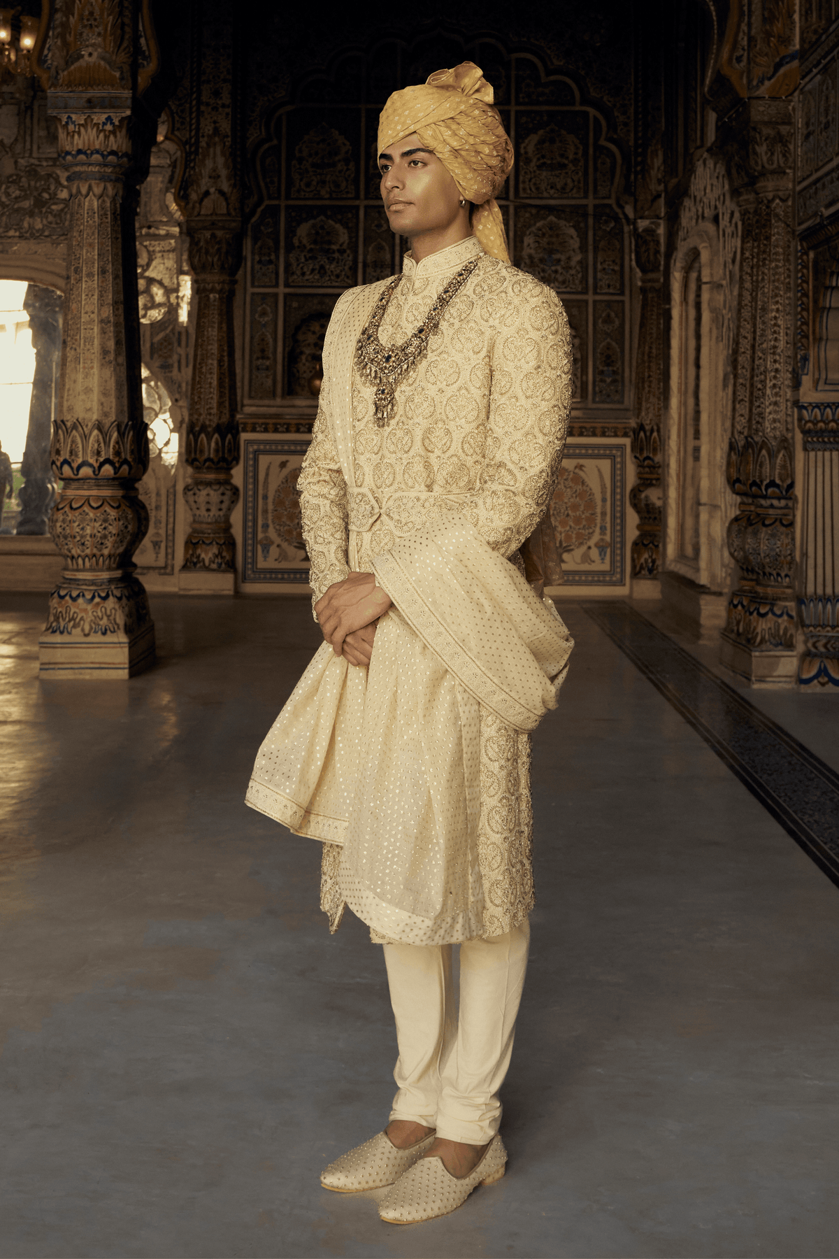 Gold Raw Silk Sherwani Set