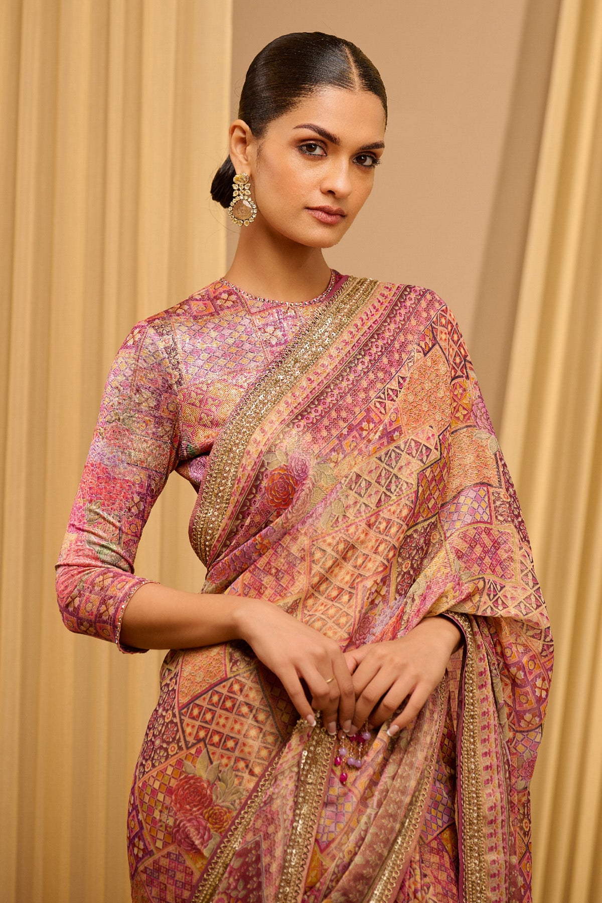 Printed Foil Jersey Saree Set