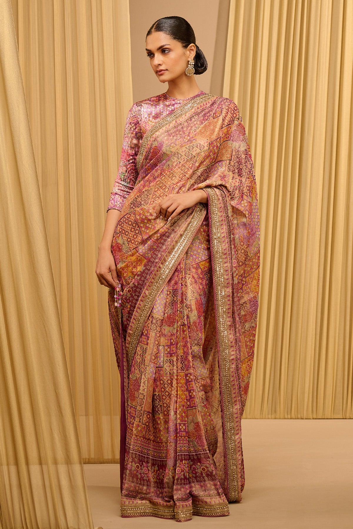 Printed Foil Jersey Saree Set