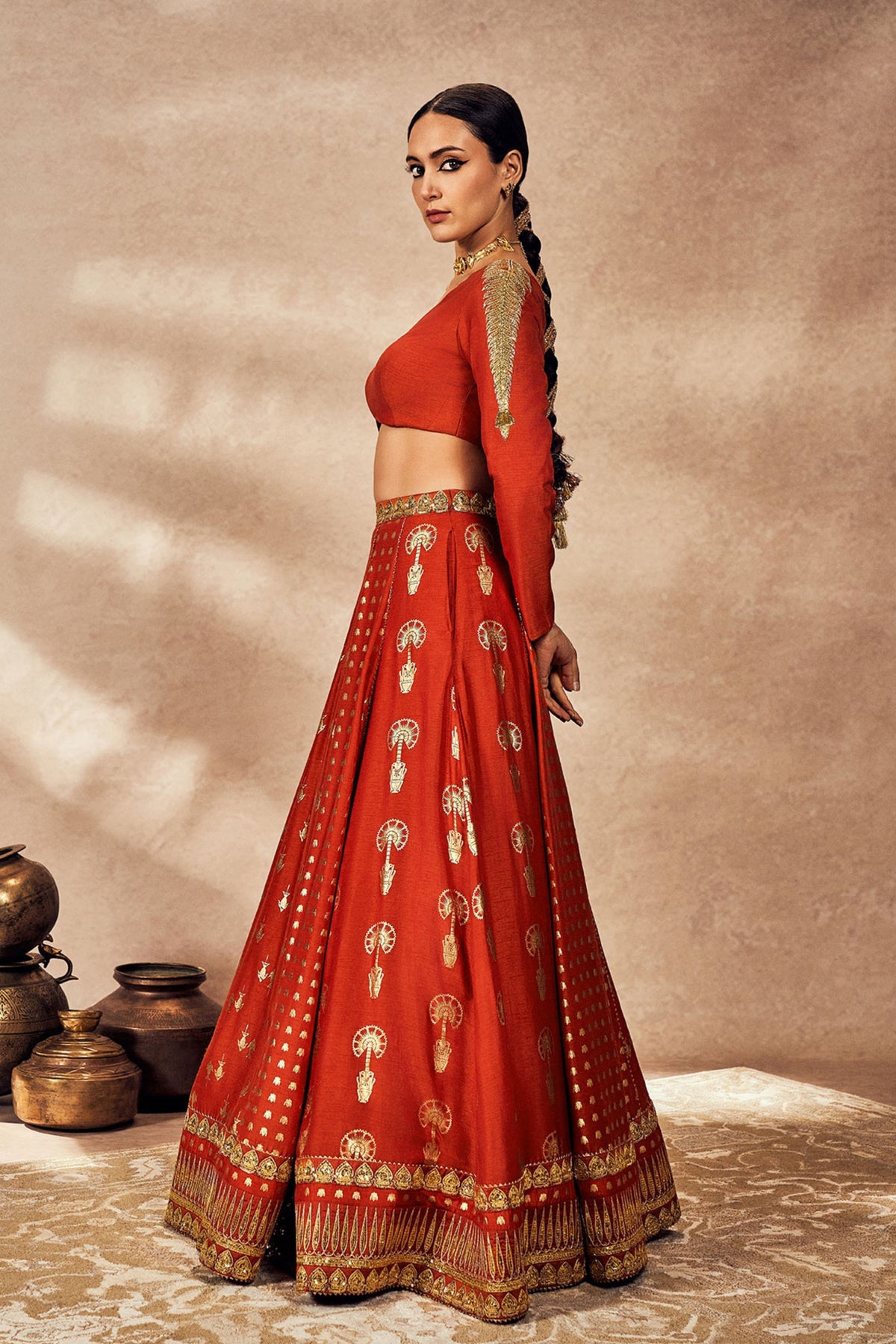 Rust Foil One-Shoulder Lehenga Set