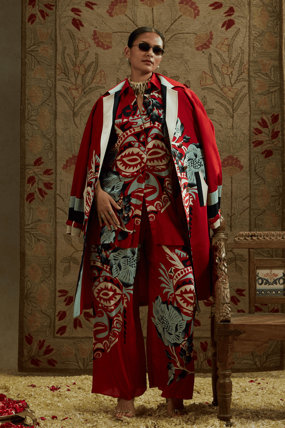 Red Mask Print Trench Coat