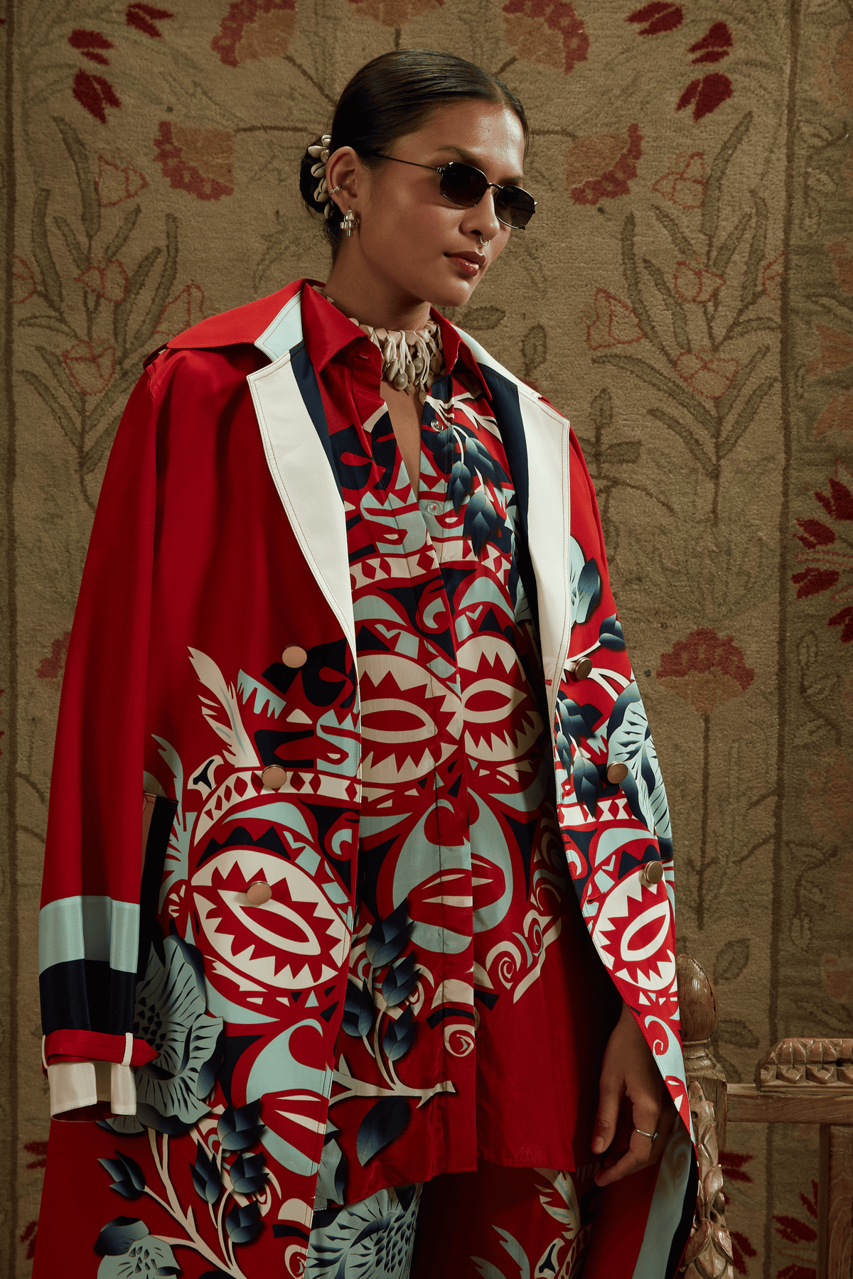 Red Mask Print Trench Coat