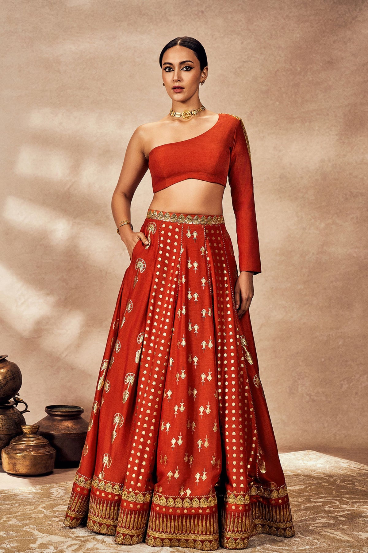 Rust Foil One-Shoulder Lehenga Set