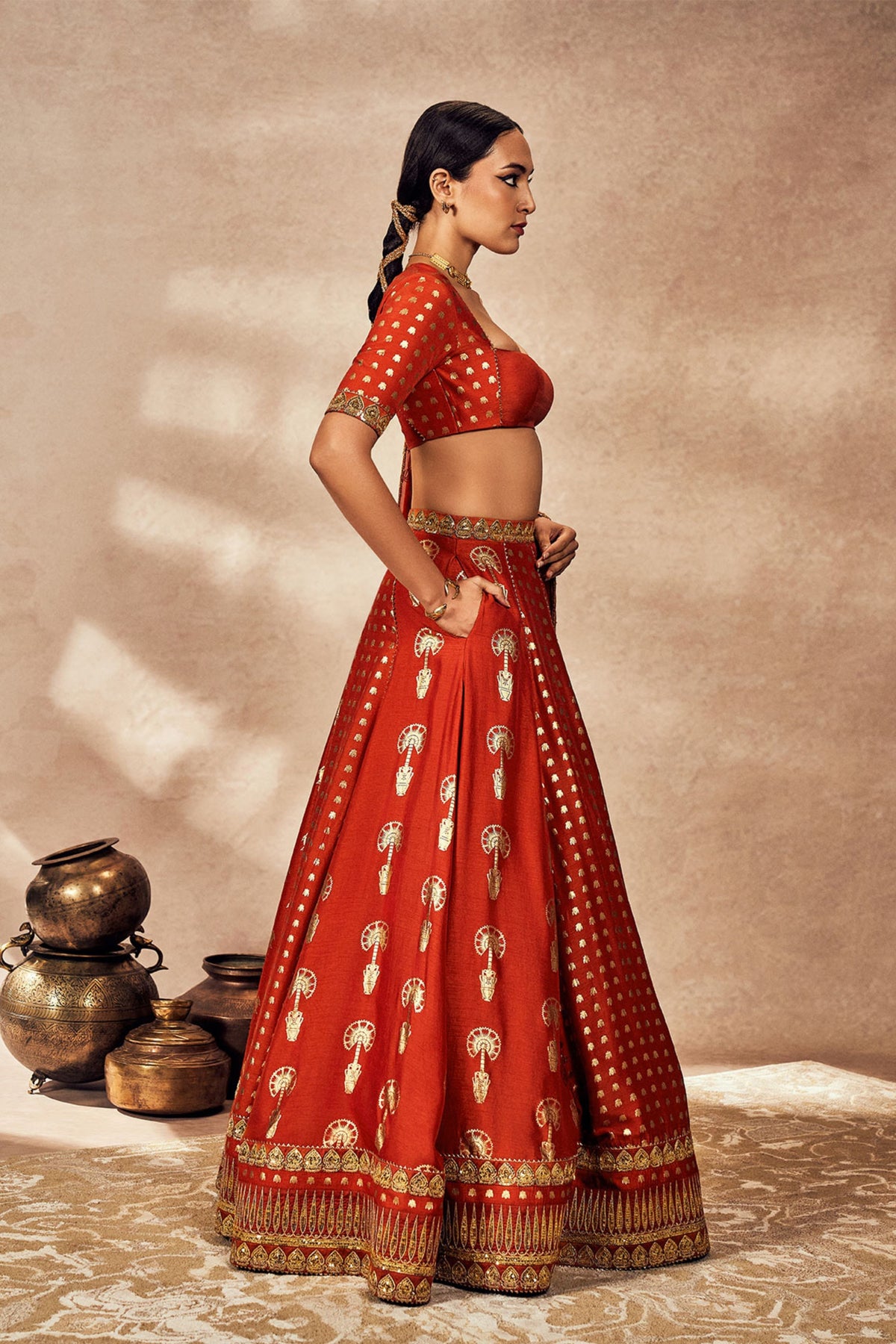 Rust Foil One-Shoulder Lehenga Set