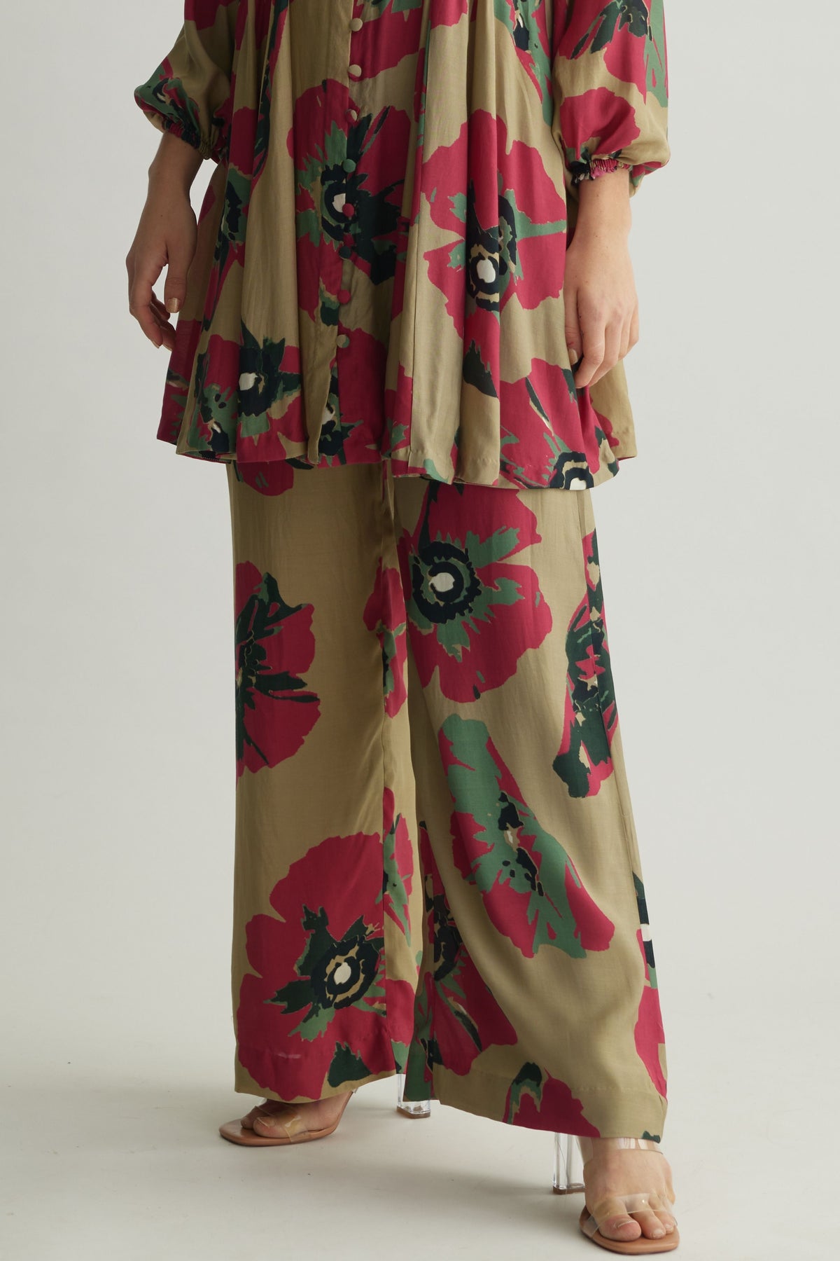 Beige Green Floral Pants