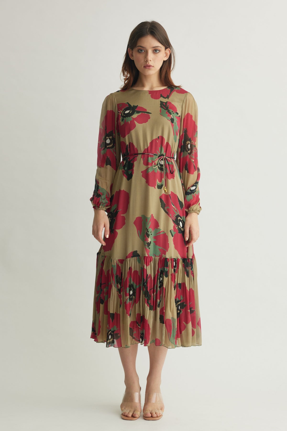 Beige Green Floral Midi Dress