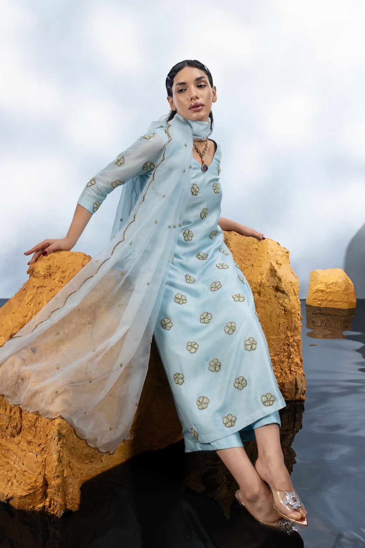 Powder Blue Floral Kurta Set