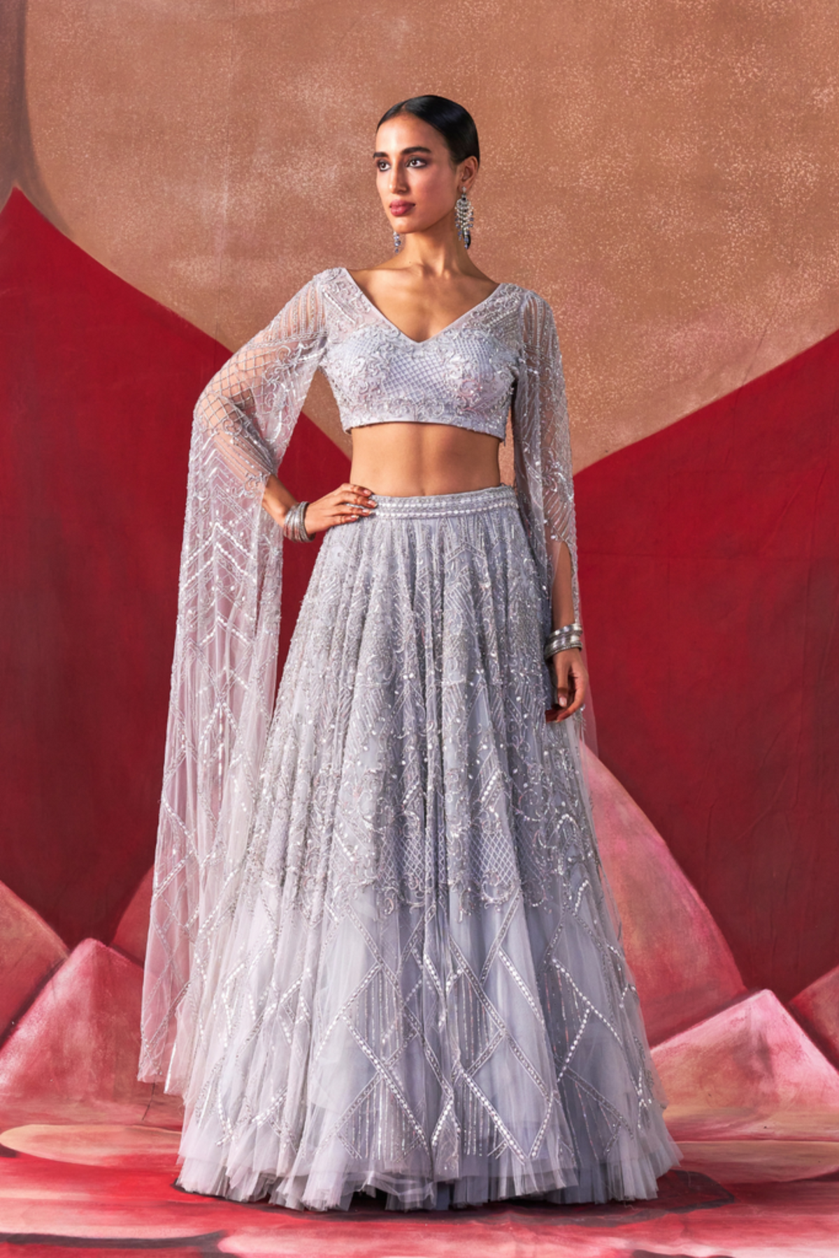 Grey Cocktail Flared Sleeves Lehenga Set