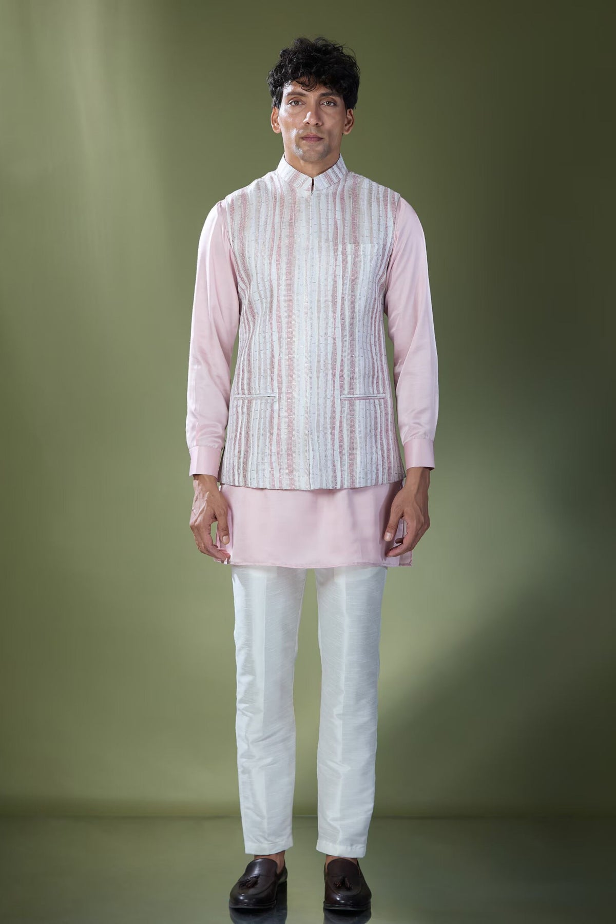 Powder Pink Embroidered Nehru Jacket Set