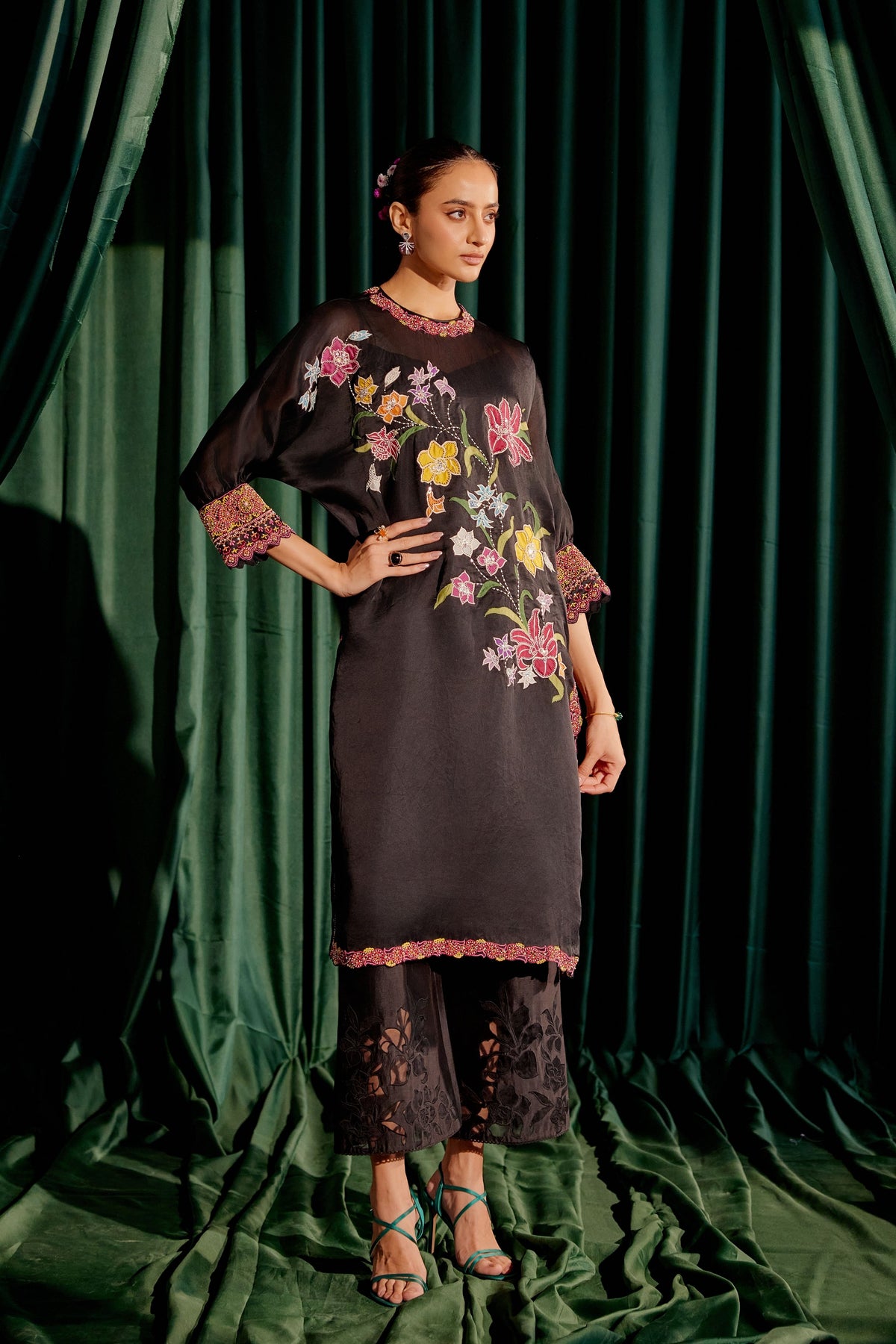 Black Floral Applique Kimono Kurta Set