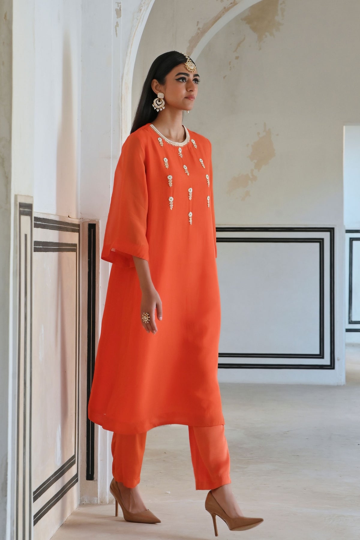 Orange Embroidered Kurta