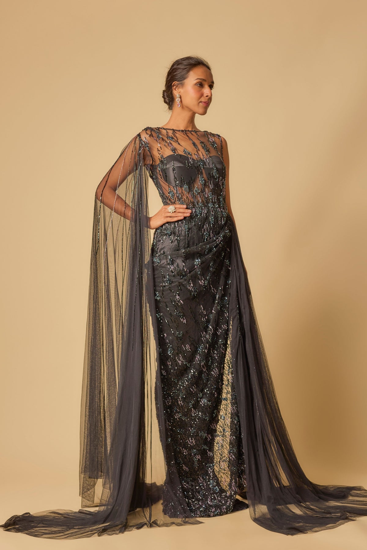 Black Embroidered Drape Gown