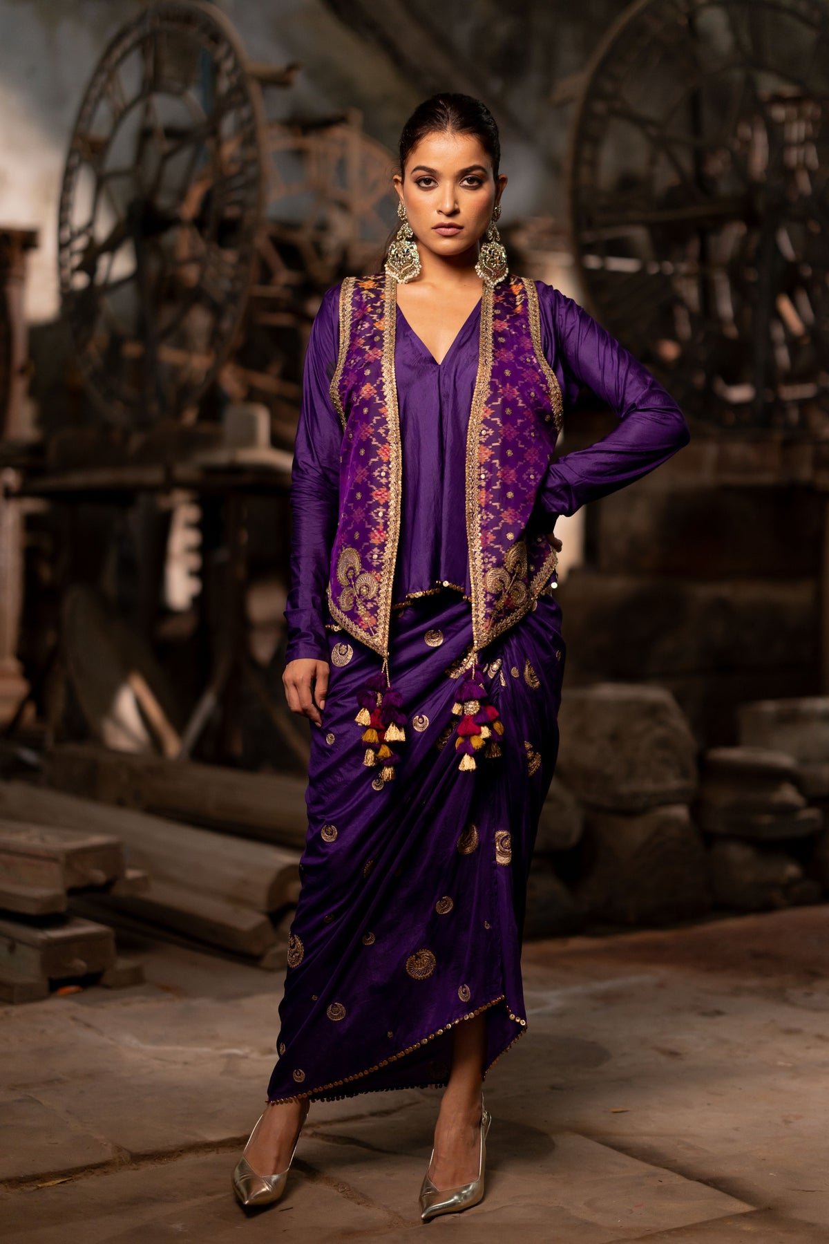 Purple Embroidered Jacket Set