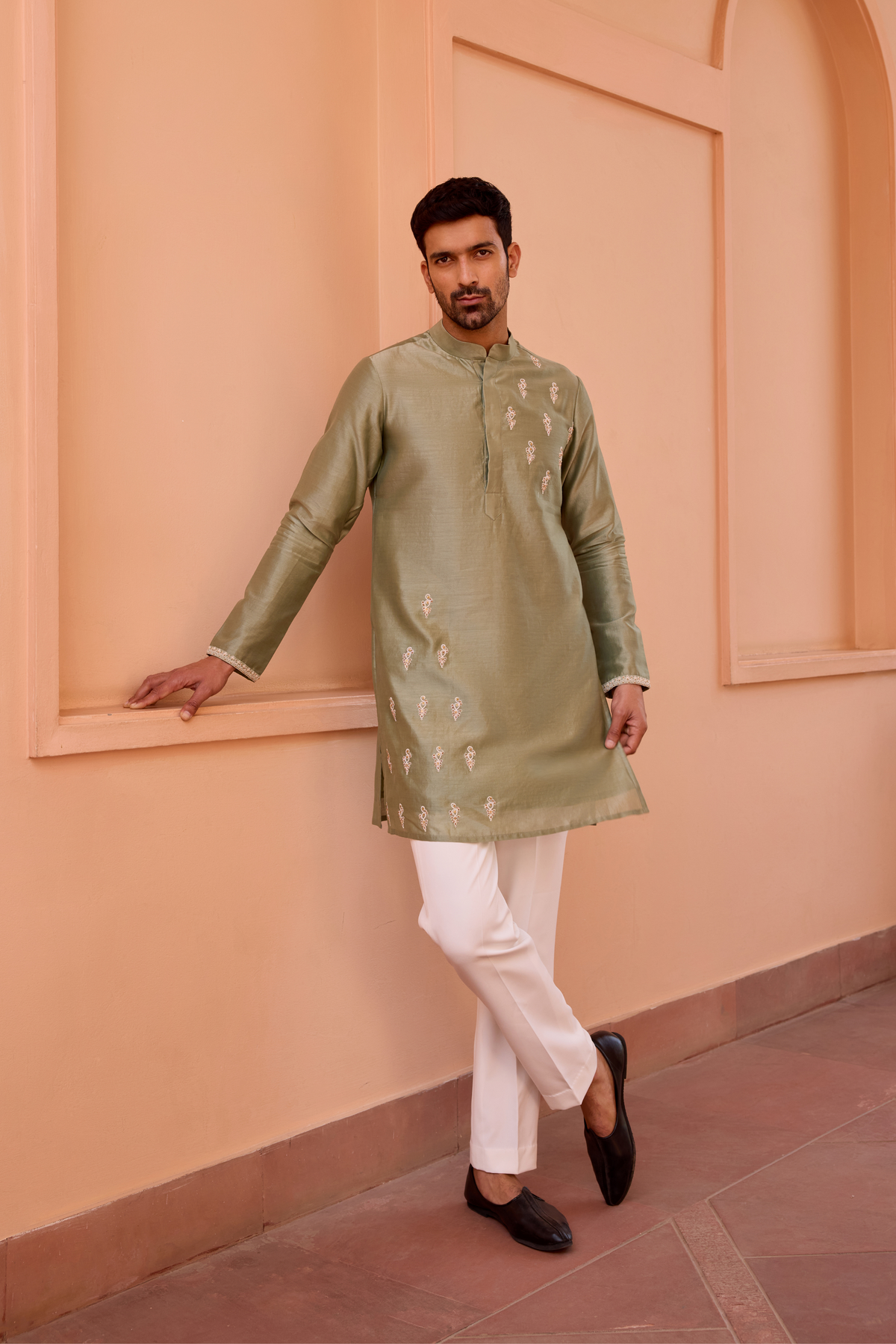 Sage green dori and hand embroidered kurta