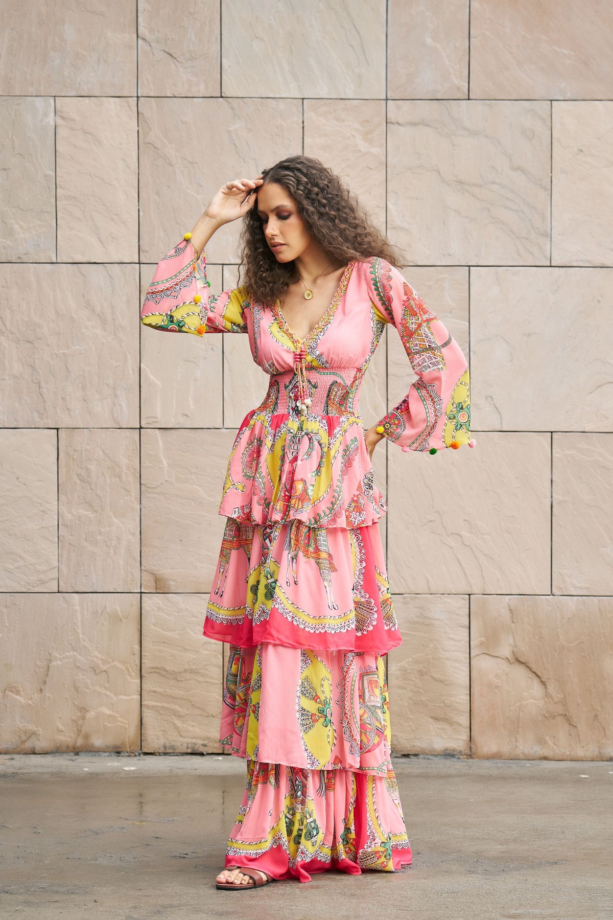 Peach Printed 4 Tier Maxi Dress