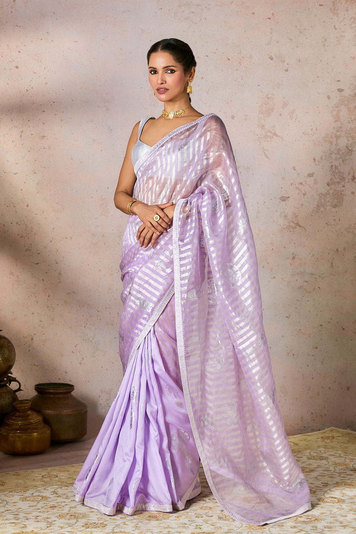 Lilac Striped Zari Saree