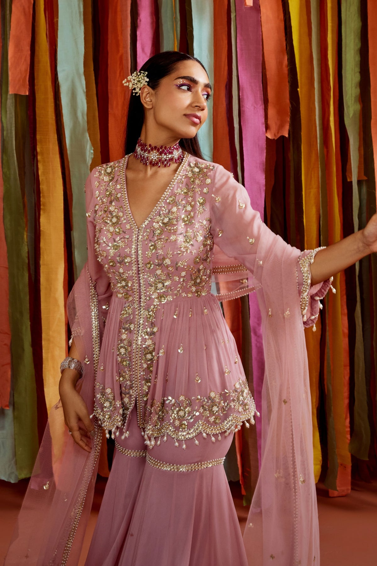 Mauve Embroidered Sharara Set