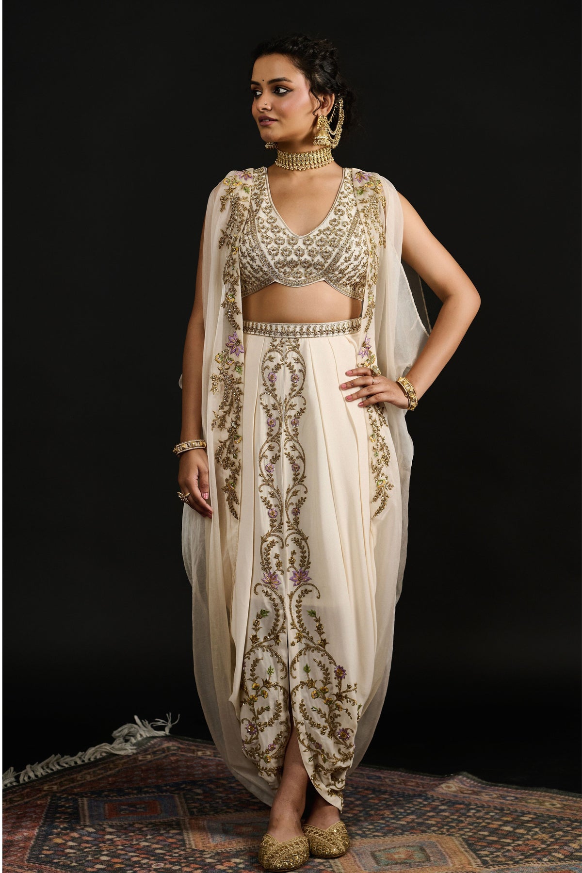 Farah Ivory Dhoti Cape Set