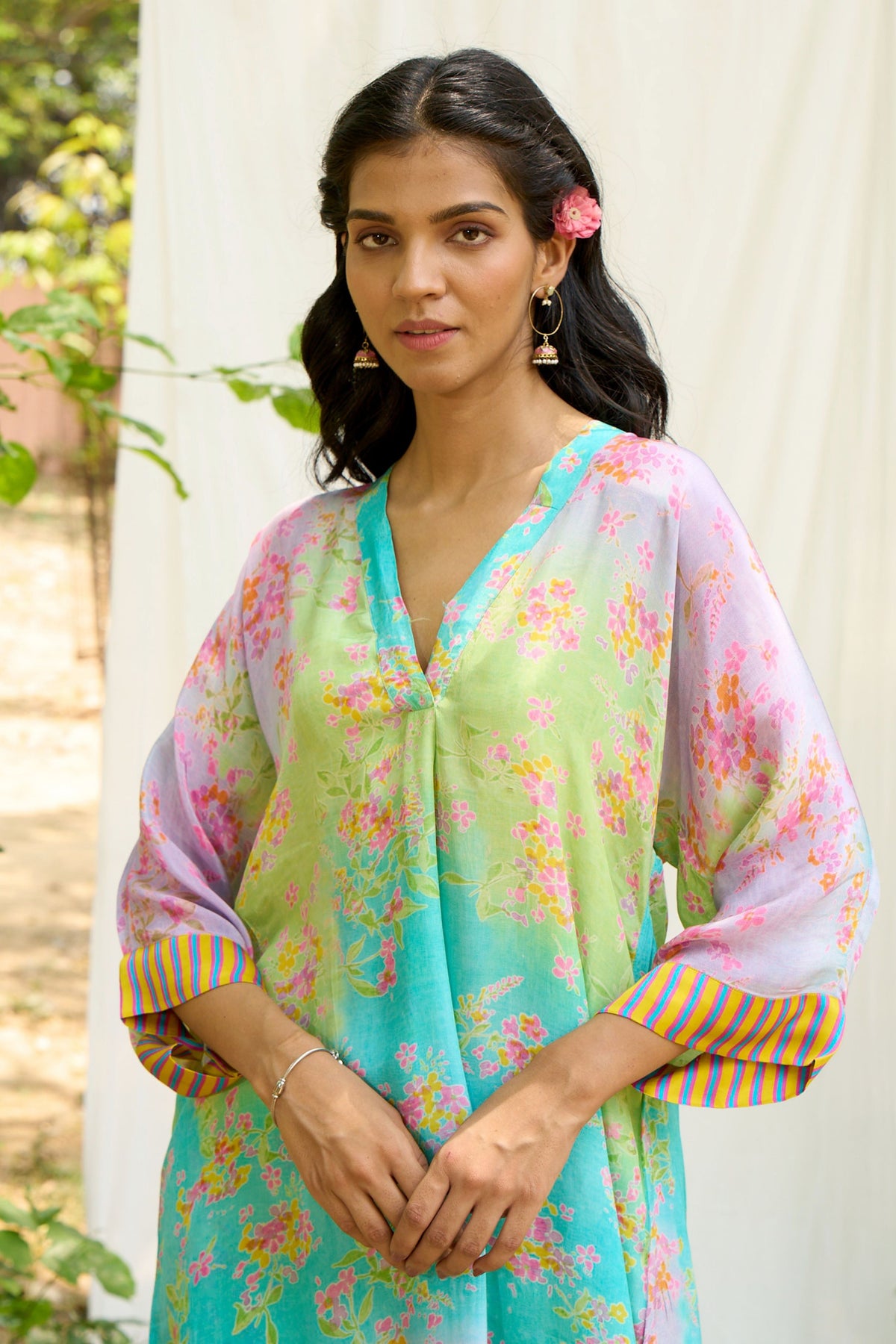 Multicolor Pleated  Kurta With Floral Prints