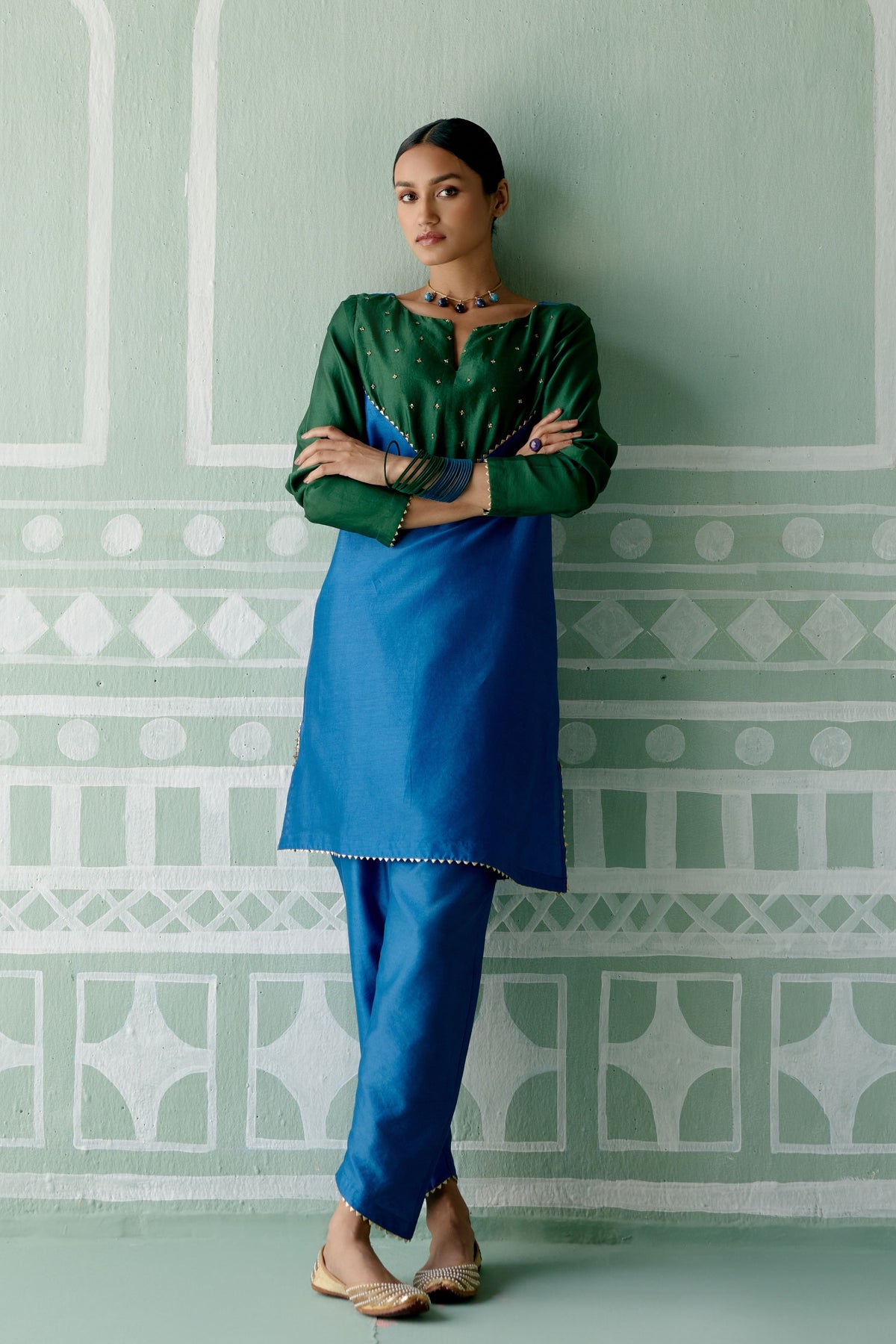 Emerald &amp; Navy Embroidered Tunic Set