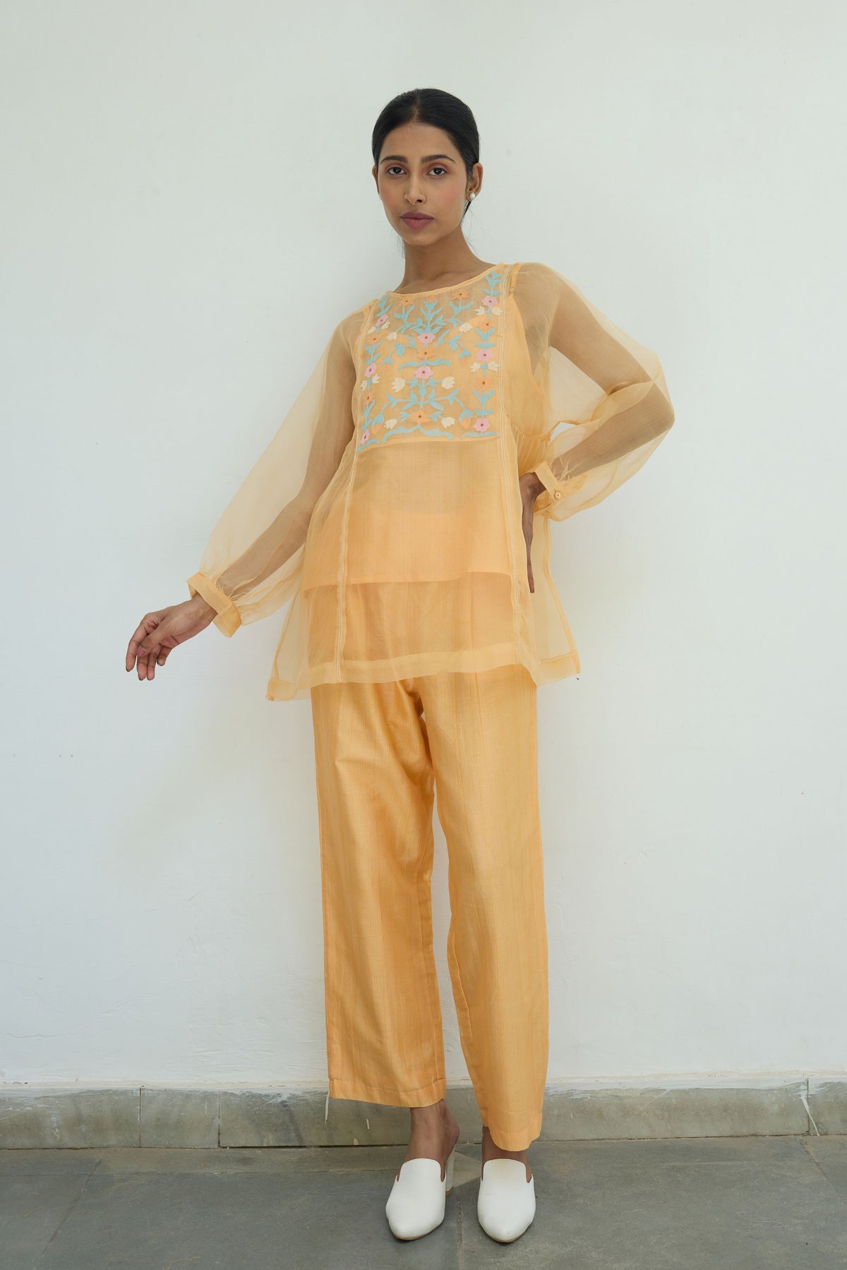 Embroidered Peach Silk Organza Top