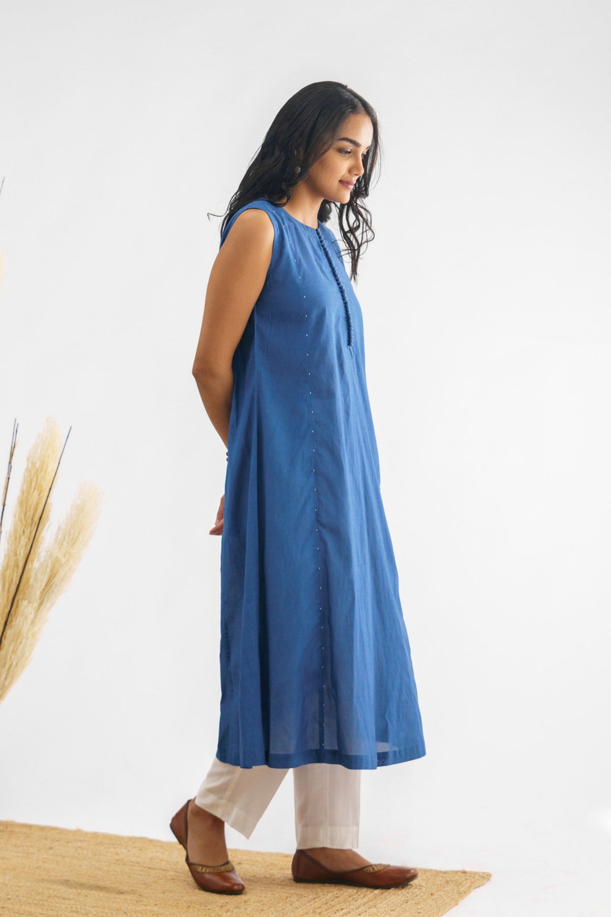 Blue Beaded Cotton Silk Kurta