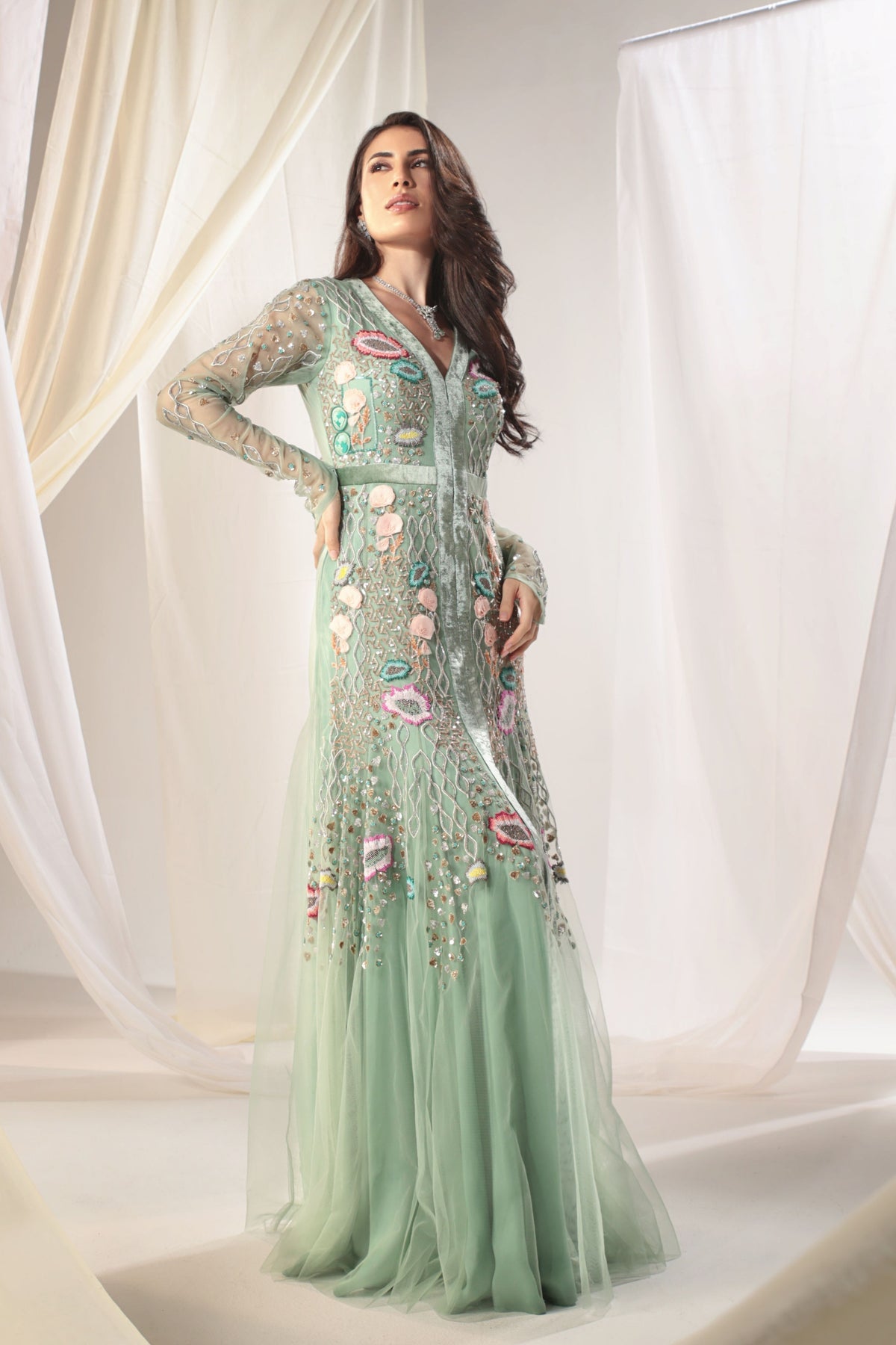 Aqua Blue Embroidered Gown