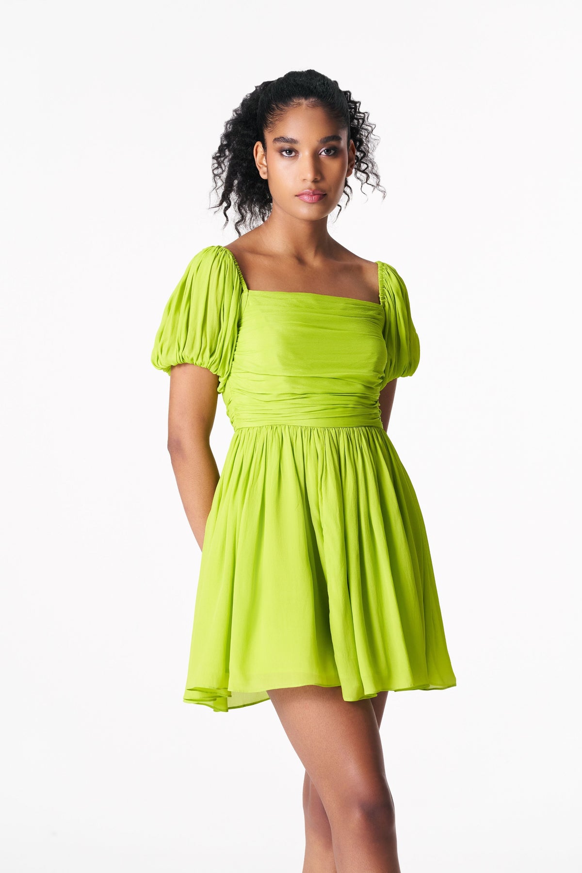 Chartreuse Rouched Mini Dress