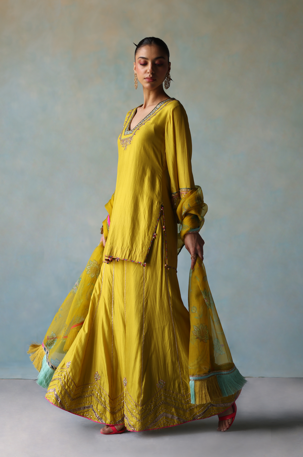 Gul Lime Yellow Silk Sharara Set  