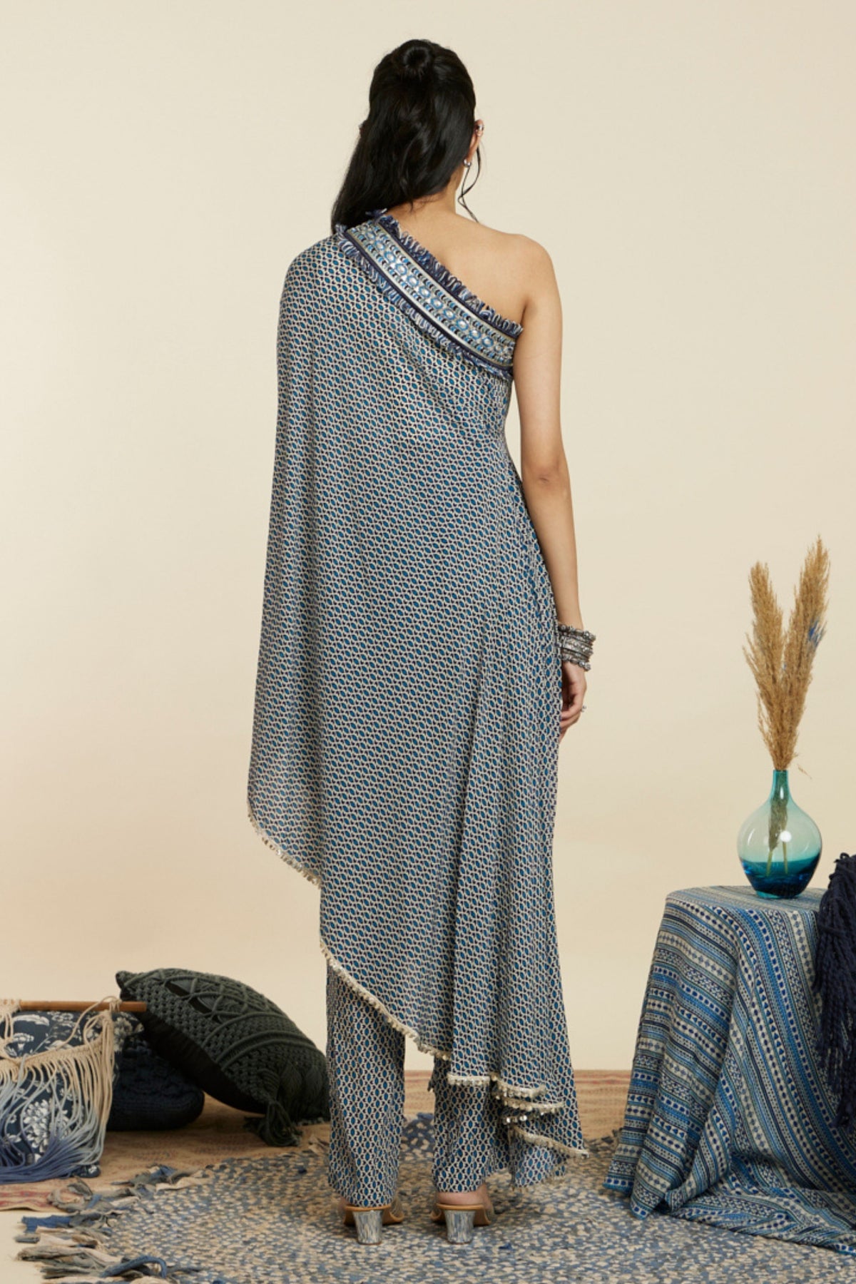 Blue Geo One Shoulder Kaftan Set