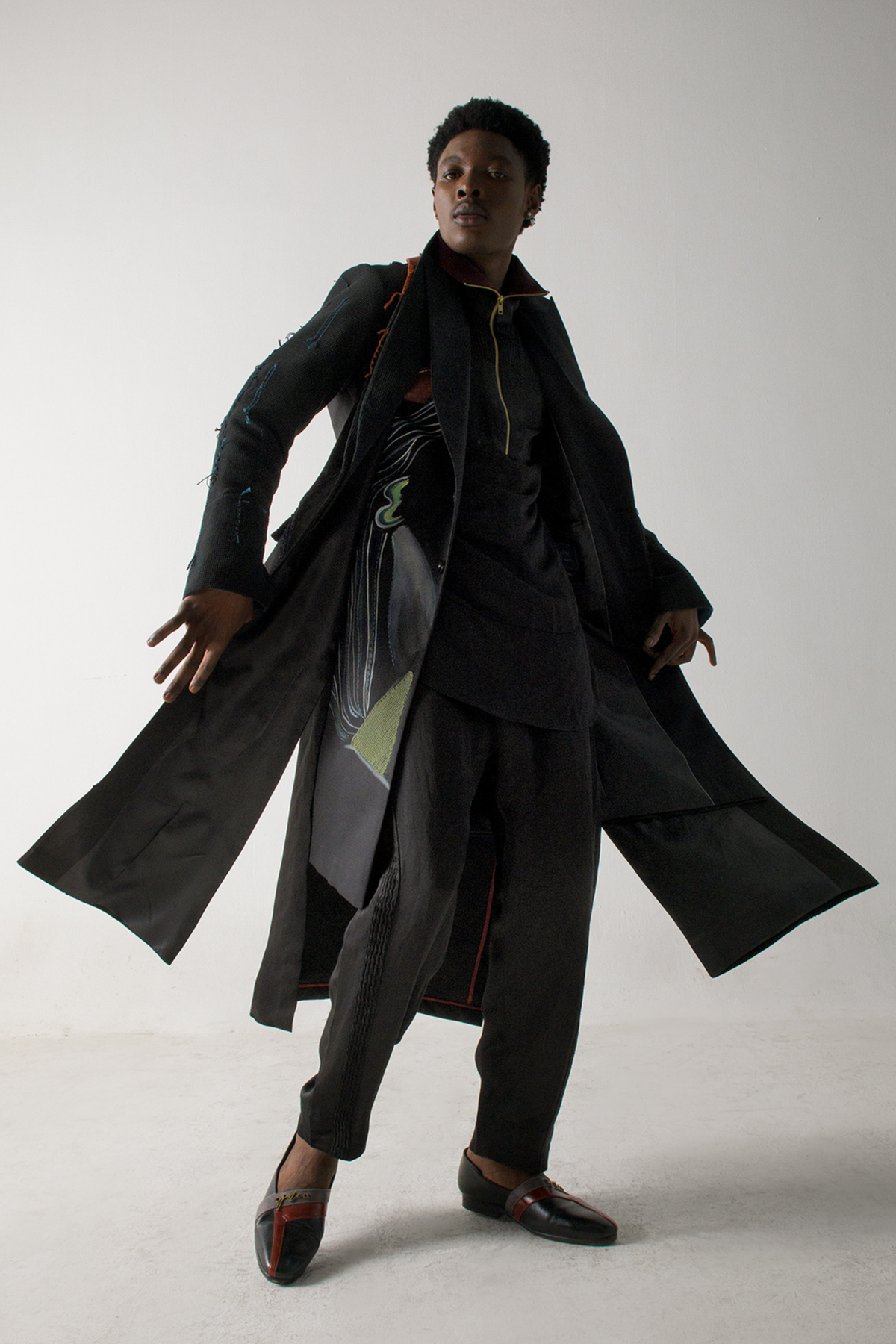 Black long overcoat with Loose Weave Sleeves