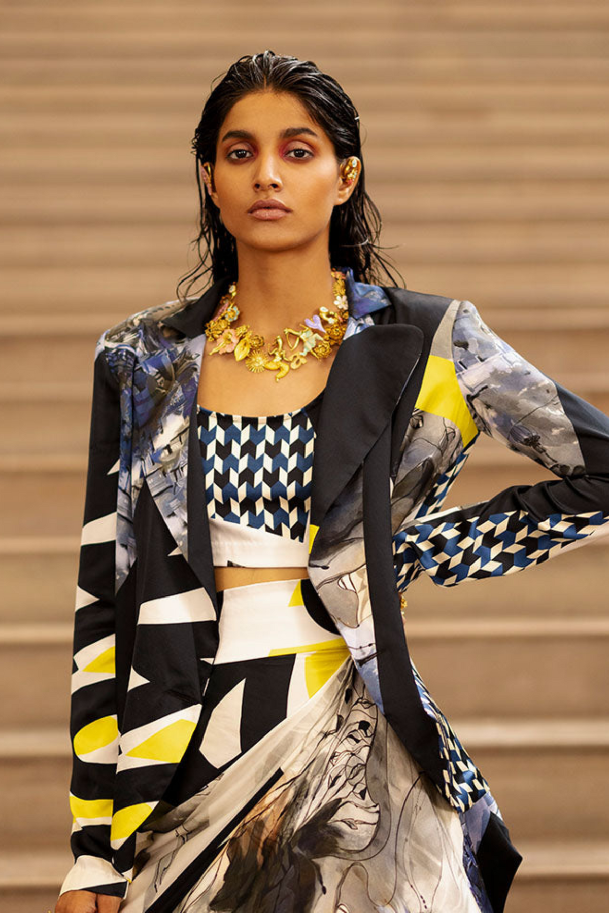 Script Print Blazer With Skirt And Top